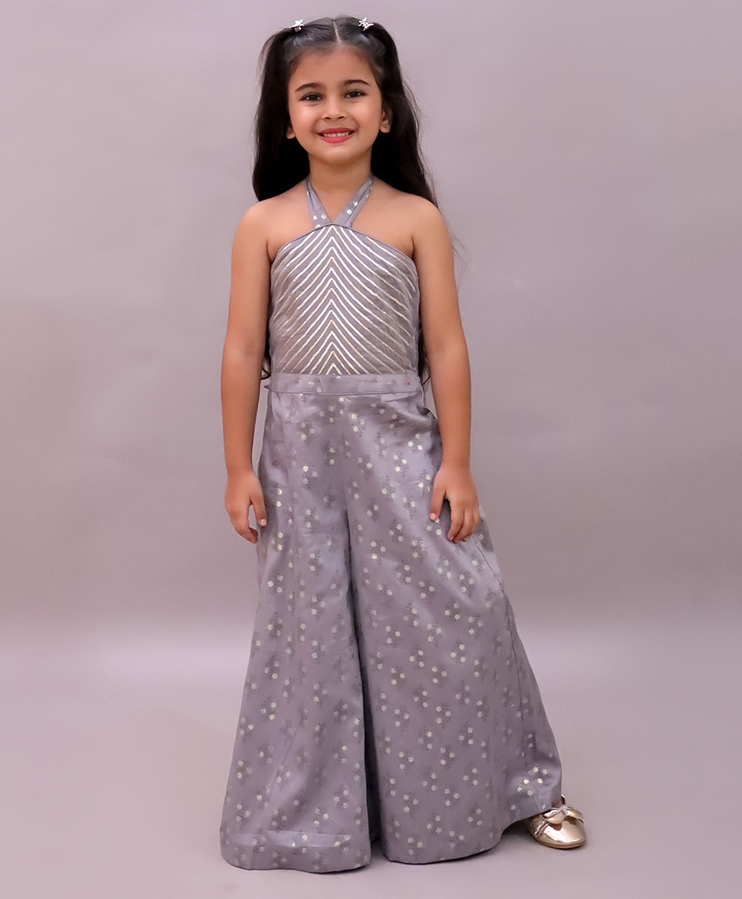 Lil' Drama Cotton Knit Sleeveless Abstract Foil Printed Halter Neck Jumpsuit - Grey-picture-39