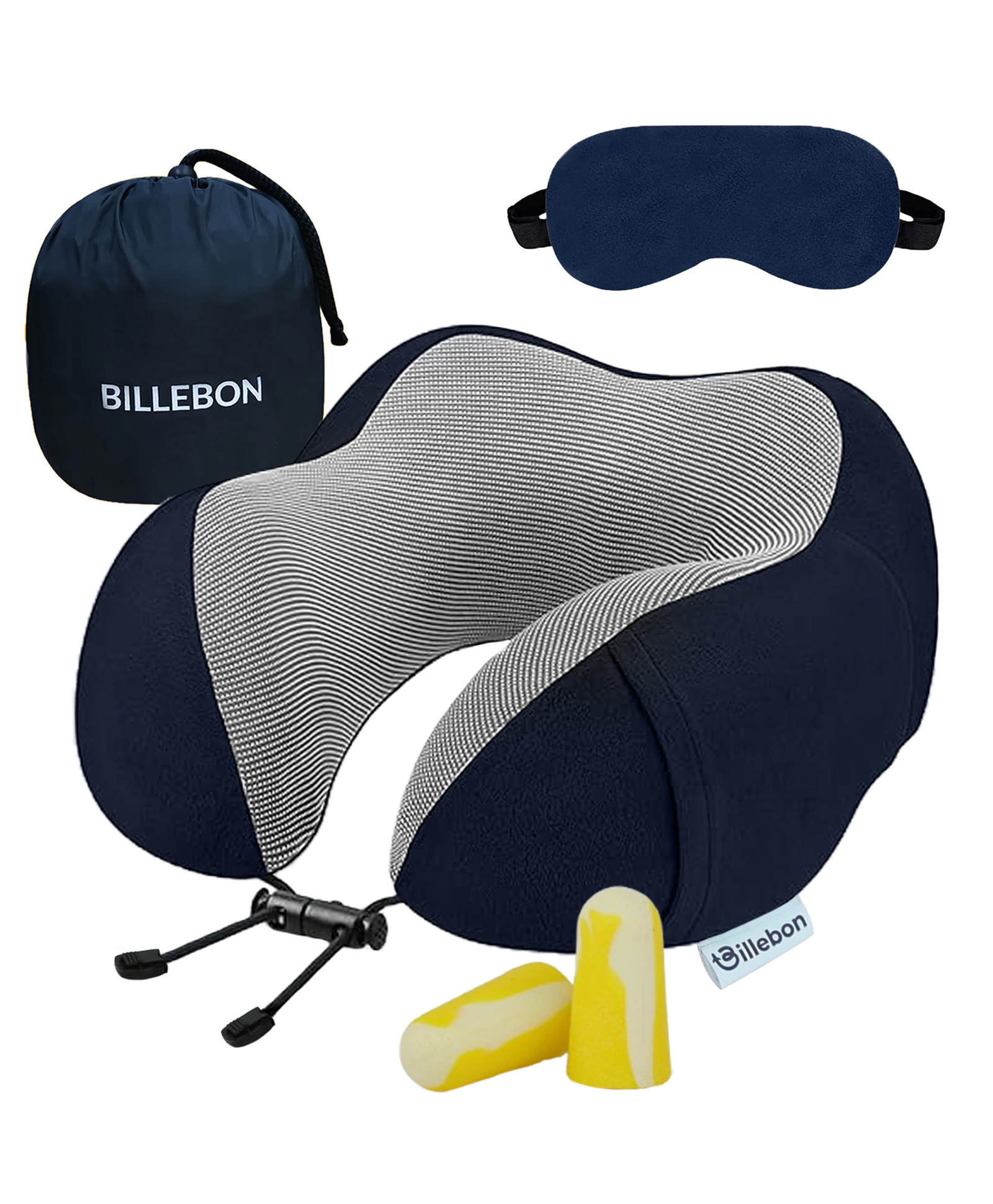 Billebon Neck Pillow Navy Blue Memory Foam Filled Multi Contour Shape with Eye Mask , Travel Pouch-image-3