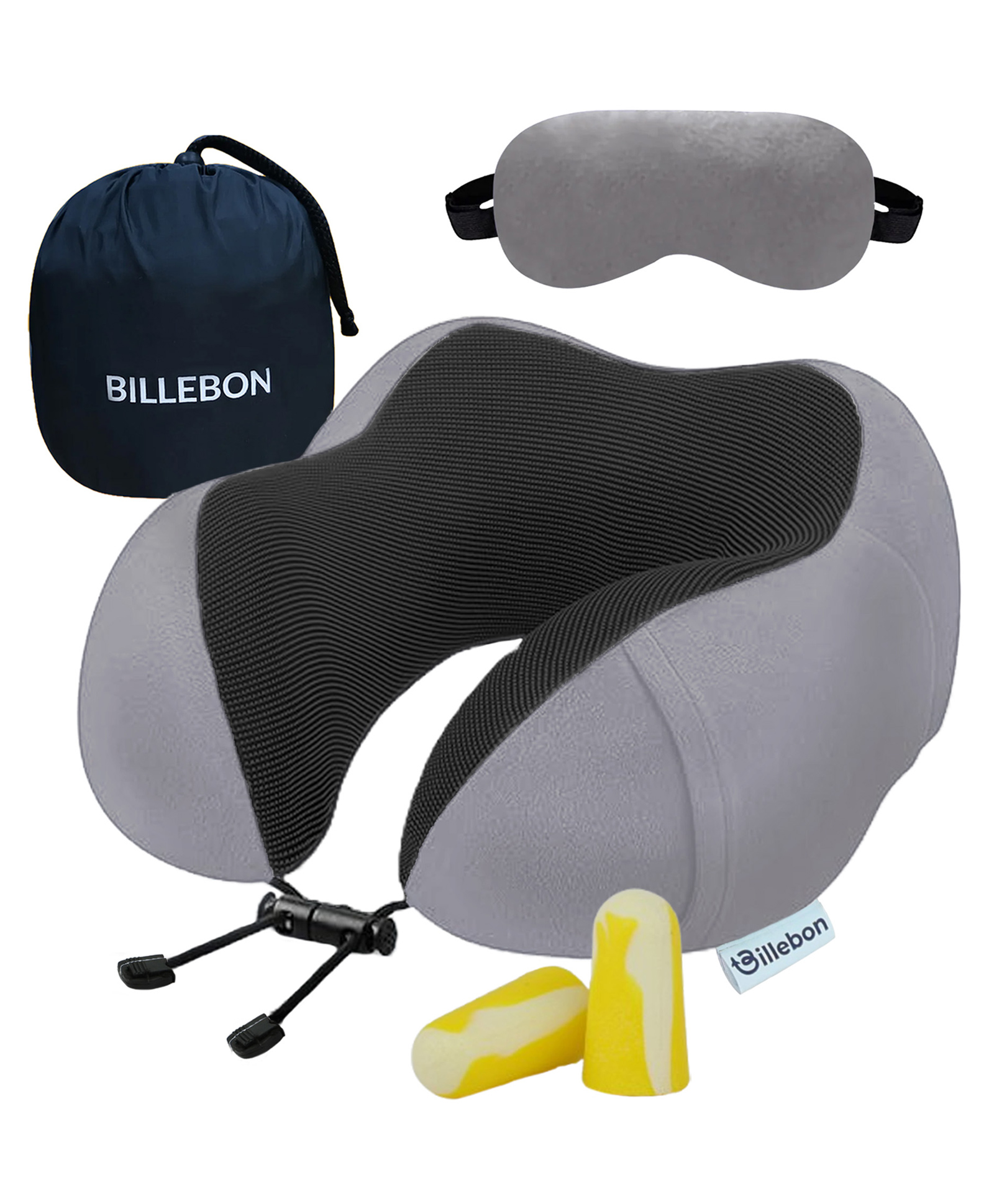 Billebon Neck Pillow Grey Memory Foam Filled Multi Contour Shape with Eye Mask , Travel Pouch-image-44