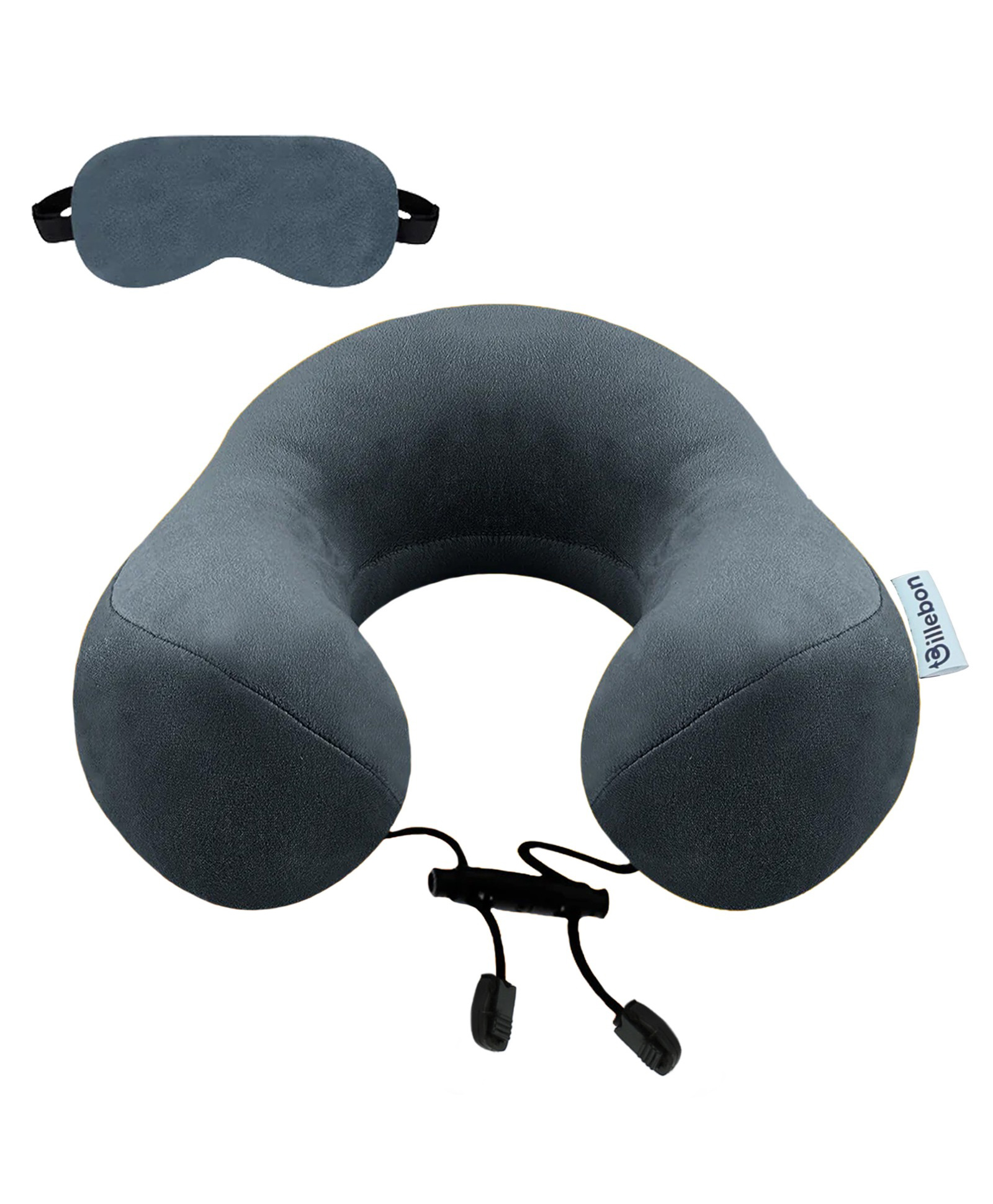 Billebon Premium Neck Pillow Grey Fibre Filled Travel Pillow with Eye Mask-image-3
