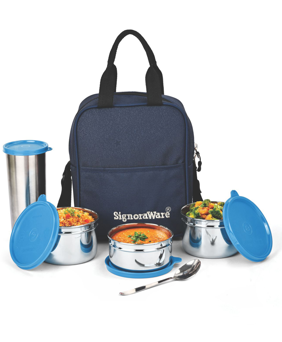 SignoraWare Fusion Stainless Steel Lunch Box with Bag | Set of 4 | Airtight & Leakproof | Food Grade Steel | Dishwasher Safe | Vertical | 500 ml x 2 + 350 ml + 500 ml Tumbler Blue-picture-16