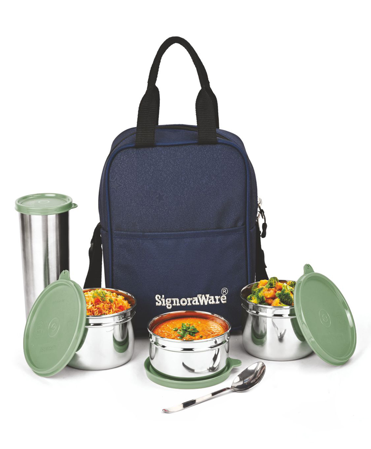 SignoraWare Fusion Stainless Steel Lunch Box with Bag | Set of 4 | Airtight & Leakproof | Food Grade Steel | Dishwasher Safe | Vertical | 500 ml x 2 + 350 ml + 500 ml Tumbler Green-picture-29