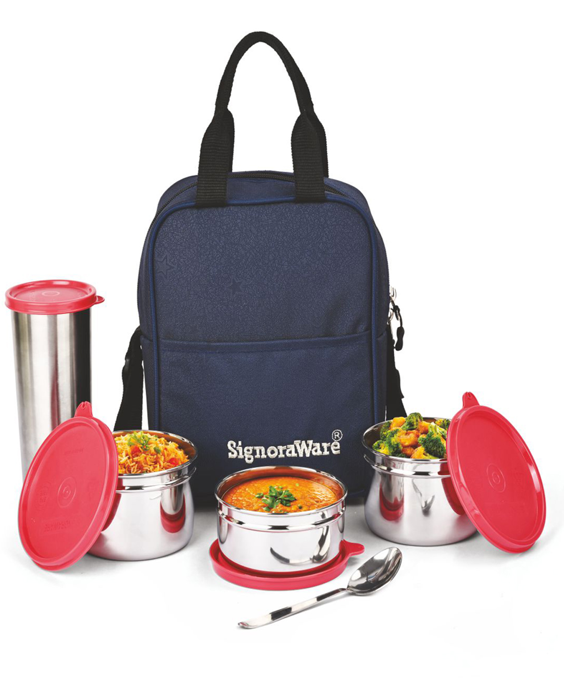 SignoraWare Fusion Stainless Steel Lunch Box with Bag | Set of 4 | Airtight & Leakproof | Food Grade Steel | Dishwasher Safe | Vertical | 500 ml x 2 + 350 ml + 500 ml Tumbler Red-picture-30