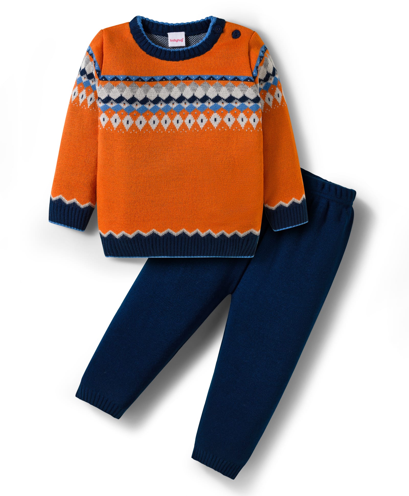 Babyhug Knit Full Sleeves Sweater Set With Aztec Design - Orange & Navy Blue-image-48