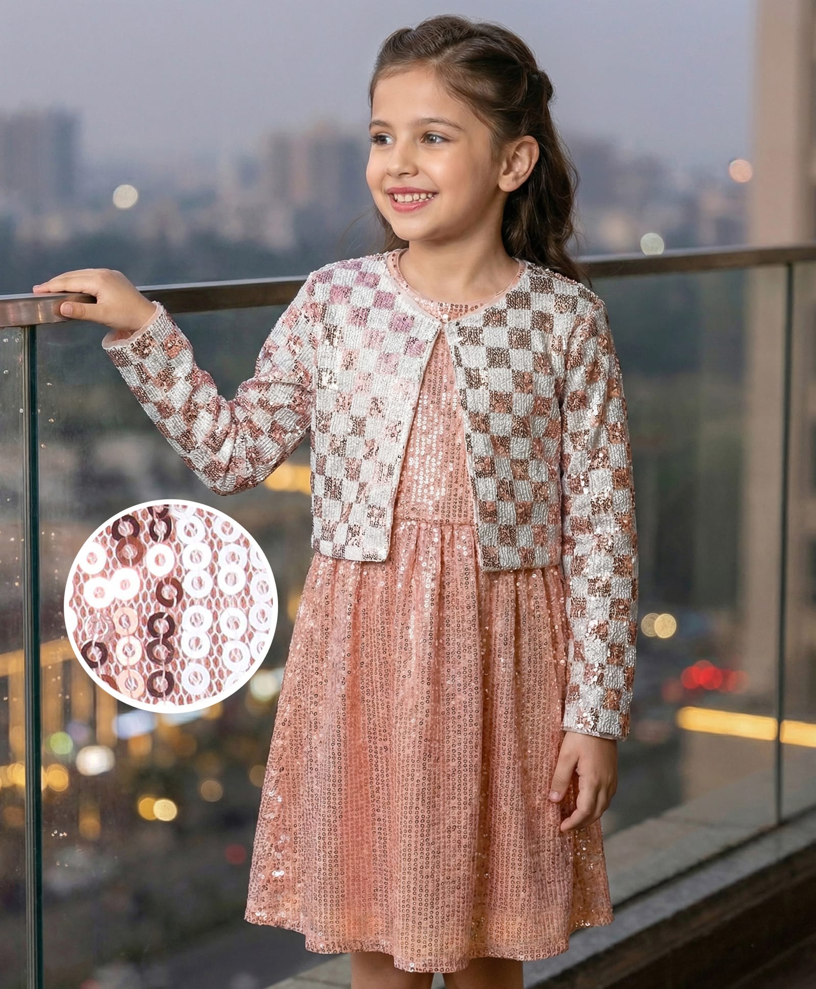 Hola Bonita Knit Full Sleeves Jacket With Sequinned Party Dress - Golden-image-39