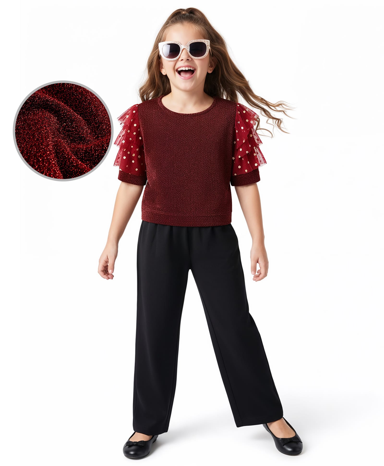 Hola Bonita Knit Half Sleeves Mesh Shimmer Top With Foil Print & Trouser Set - Black & Red-picture-11