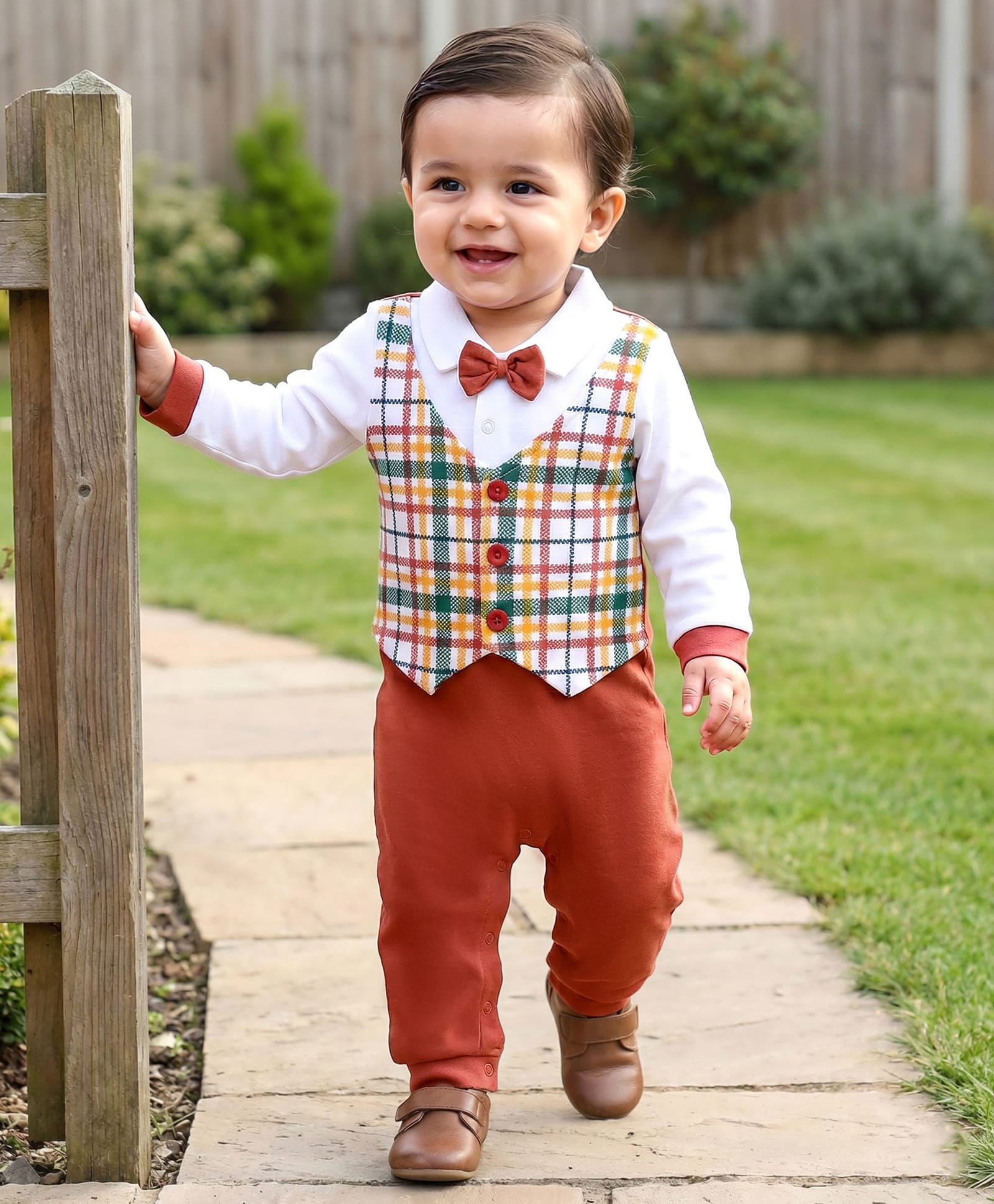 Babyhug Interlock Knit Full Sleeves Party Romper With Attached Checks Waistcoat & Bow Applique - Multicolor-picture-12