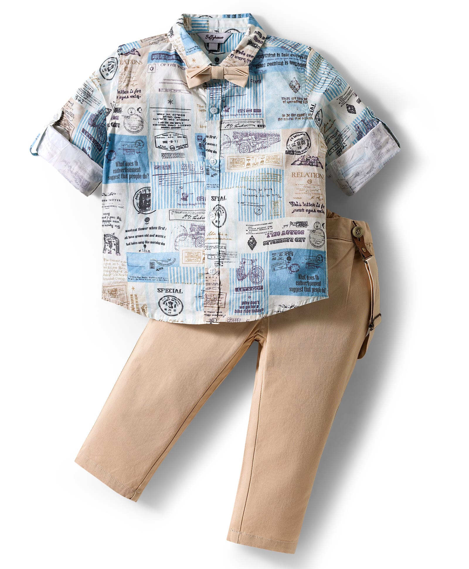 ToffyHouse Poplin Knit Full Sleeves Printed Party Shirt & Trouser Set With Bow & Suspender - Tan-picture-13