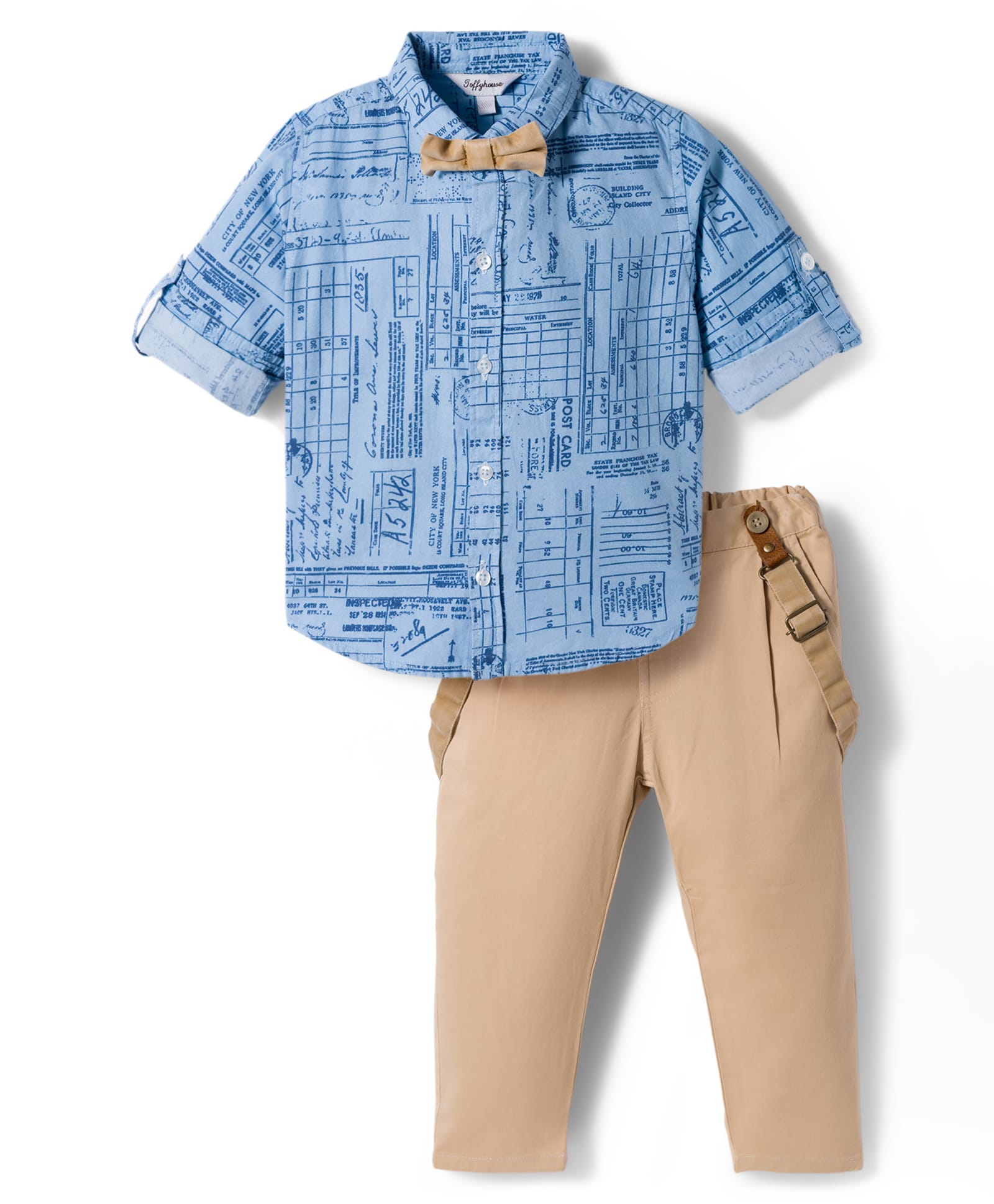 ToffyHouse Poplin Knit Full Sleeves Printed Party Shirt & Trouser Set With Bow & Suspender - Tan & Blue-picture-34