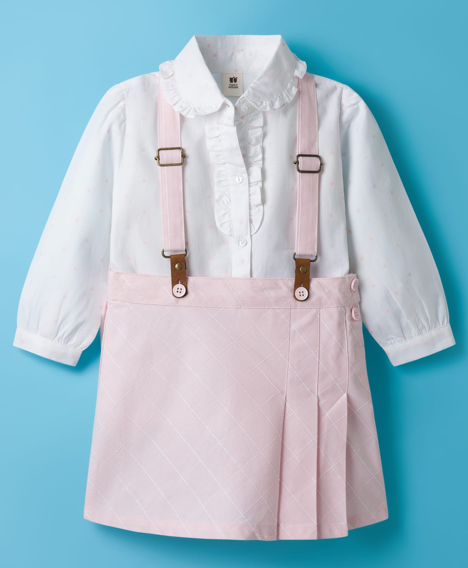 ToffyHouse Cotton Knit Full Sleeves Top & Skirt Set With Suspender - White-image-24