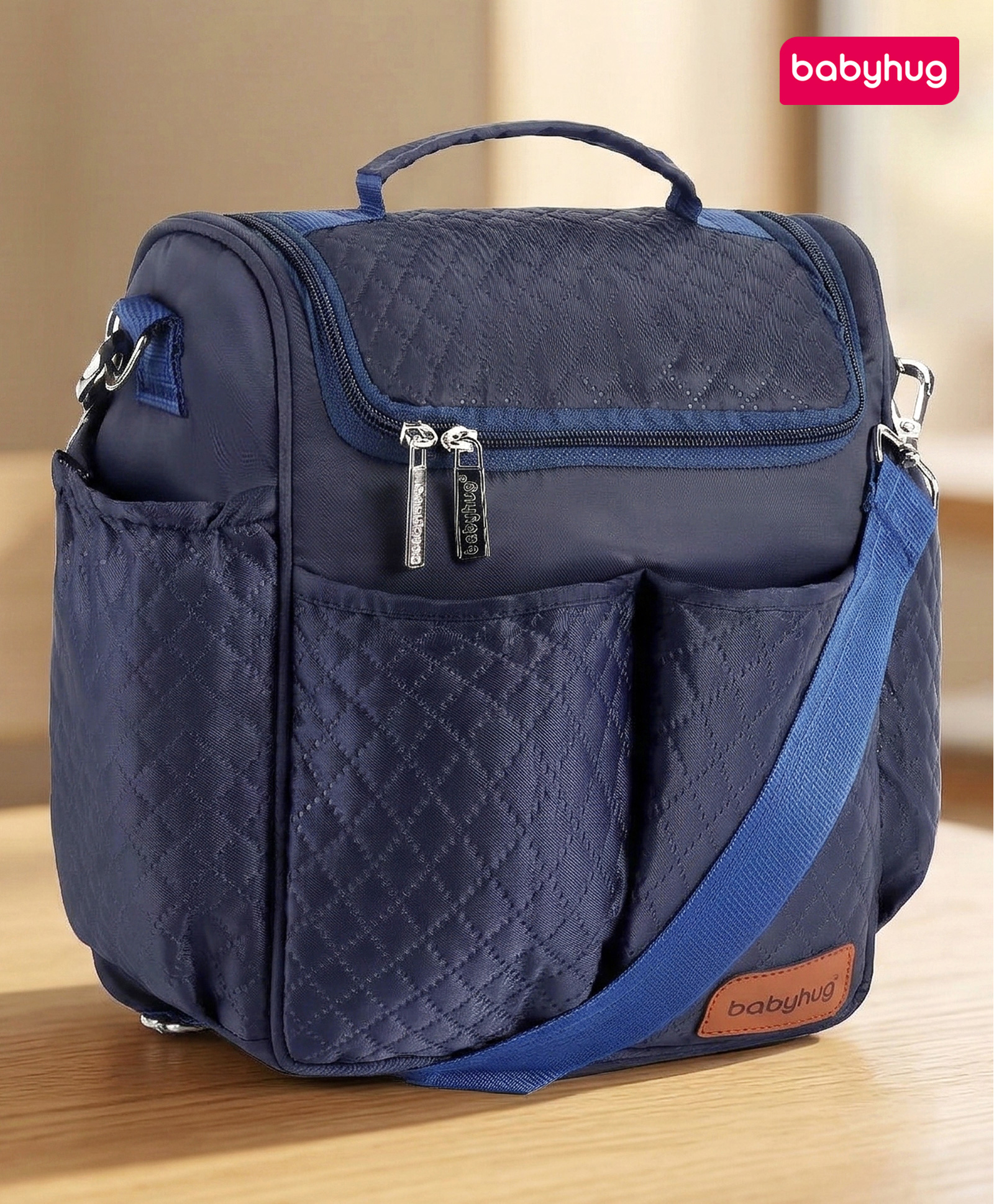 Babyhug 2-in-1 Quilted Sling cum Tote Diaper Bag for Travel - Spacious, Stylish, and Multifunctional| Adjustable Shoulder Strap| Insulated Bottle Pouches| Water Resistant| Carry Handle - Blue-image-47