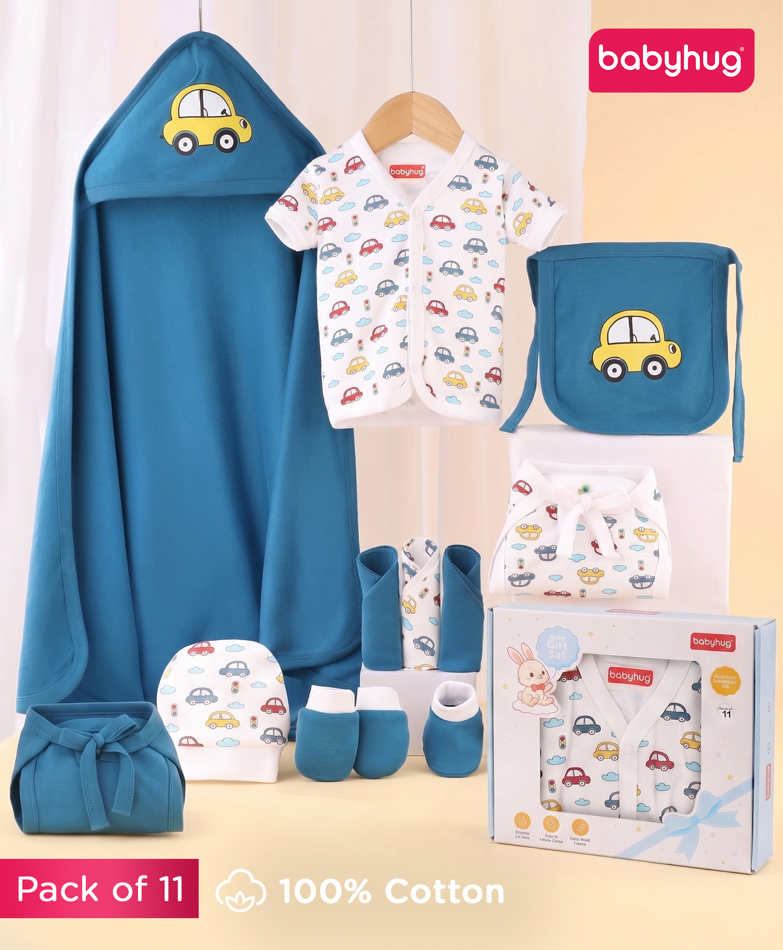 Babyhug Premium 100% Cotton Newborn Gift Set 11 Pcs Clothing Hamper Car Print - Blue| Jhabla, Bib, Wrapper, Mittens, Booties, 3 Wahs cloths & 2 Nappies| Gift Set for New Born Boys & Girls-image-2