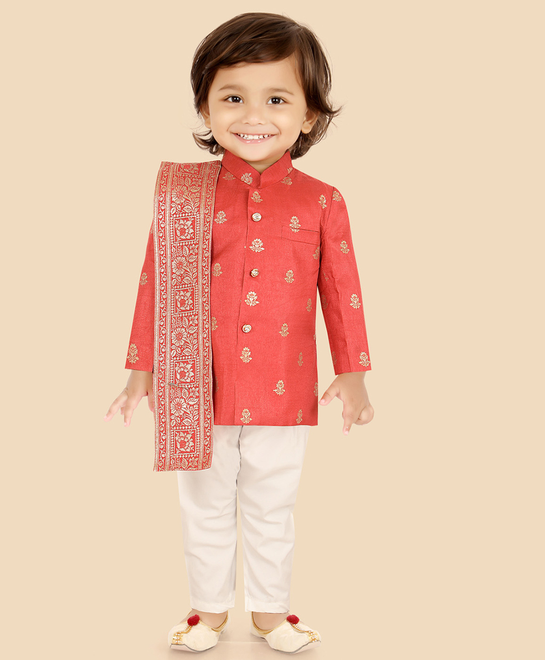 ETHNIKS NEURON Chanderi Woven Full Sleeves Floral Foil Printed Kurta Pyjama Set With Dupatta - Carrot-image-39