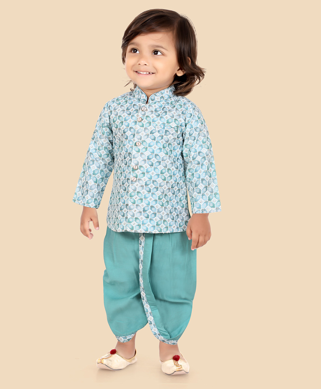ETHNIKS NEURON Viscose Rayon Woven Full Sleeves Geometric Floral Printed Kurta Dhoti Set - Sea Green-image-4