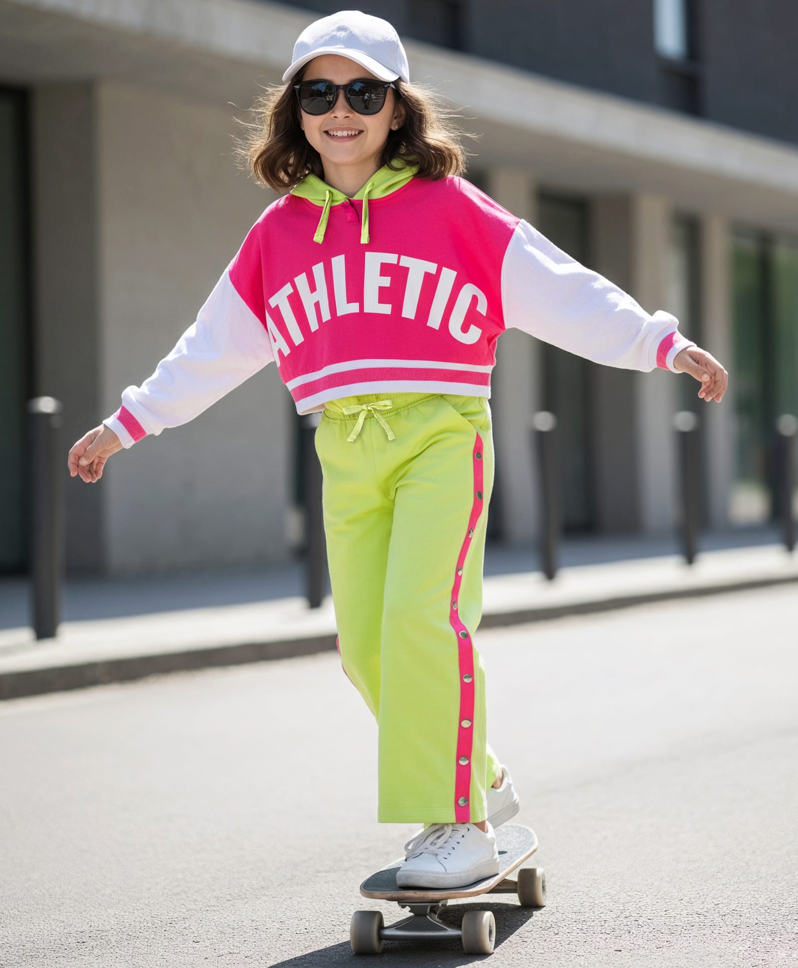OLLINGTON ST. 100% Cotton Full Sleeves Hoodie & Knit Pant Set - Pink & Lime Green-picture-2