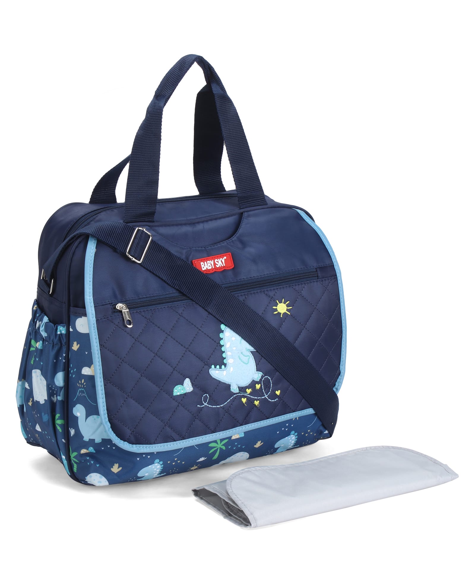 Multipurpose Diaper Tote Cum Sling Bag with Foldable Changing Mat - Blue| Multiple Bottle Holders & Dino Print| Adjustable Shoulder Strap| Water Resistant| Carry Handle-image-8