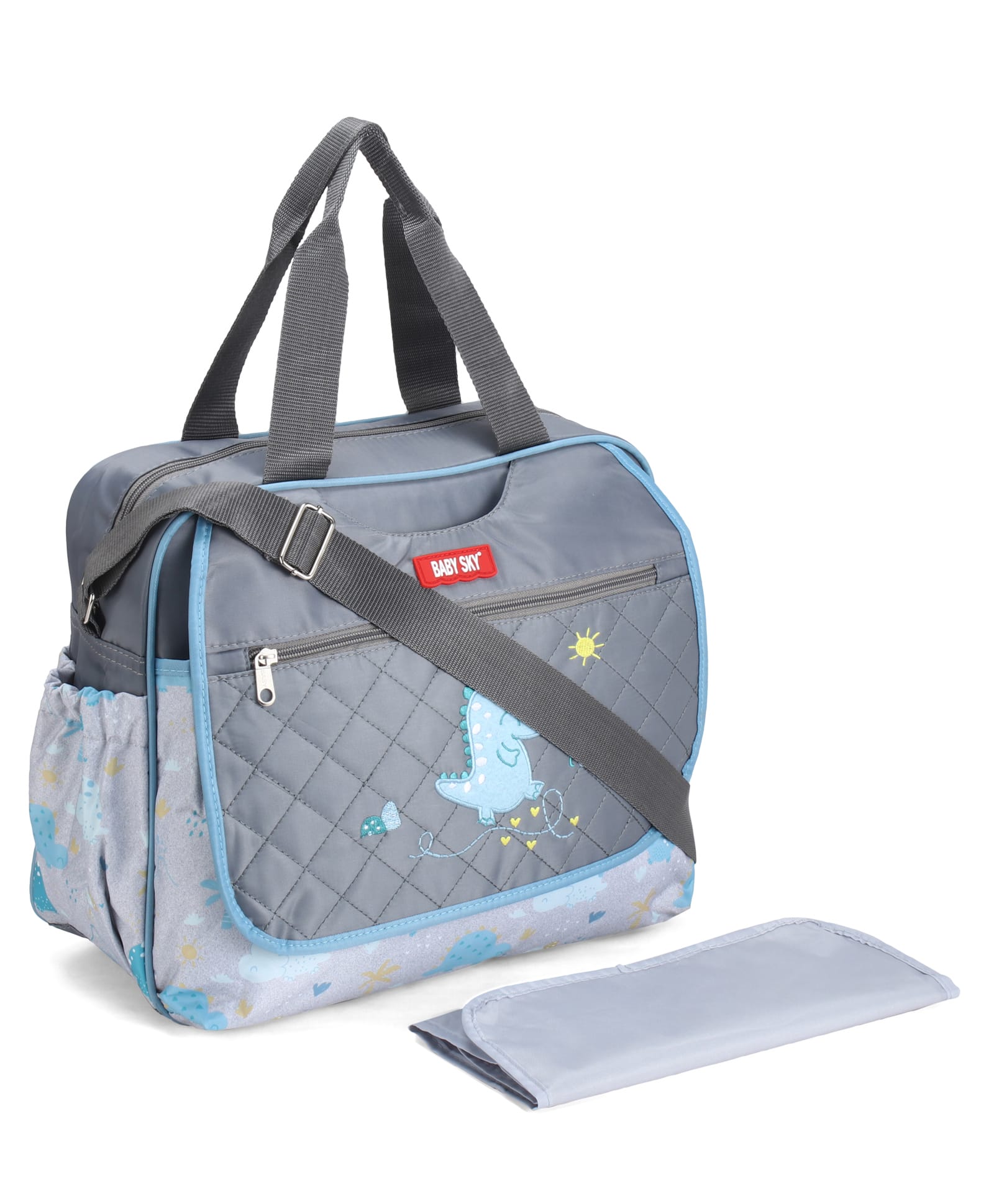fab n funky Multipurpose Diaper Tote Cum Sling Bag with Foldable Changing Mat - Grey| Multiple Bottle Holders & Dino Print| Adjustable Shoulder Strap| Water Resistant| Carry Handle-picture-30