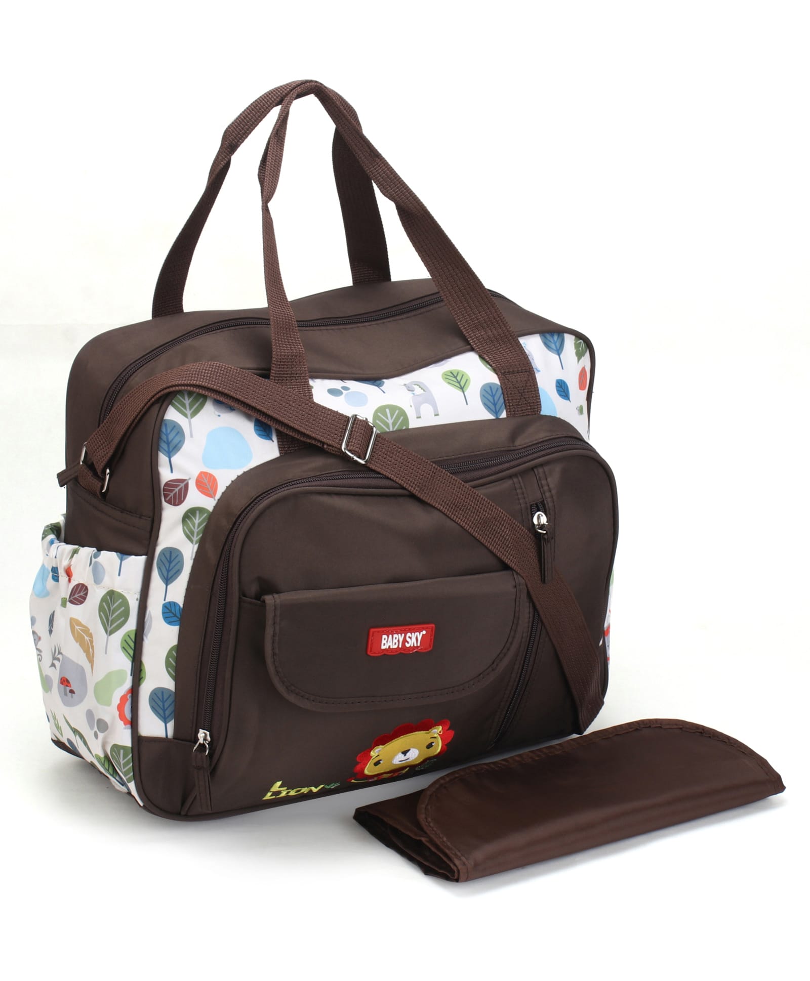 Multipurpose Diaper Tote Cum Sling Bag with Foldable Changing Mat - Brown| Multiple Bottle Holders & Lion Print| Adjustable Shoulder Strap| Water Resistant| Carry Handle-image-31