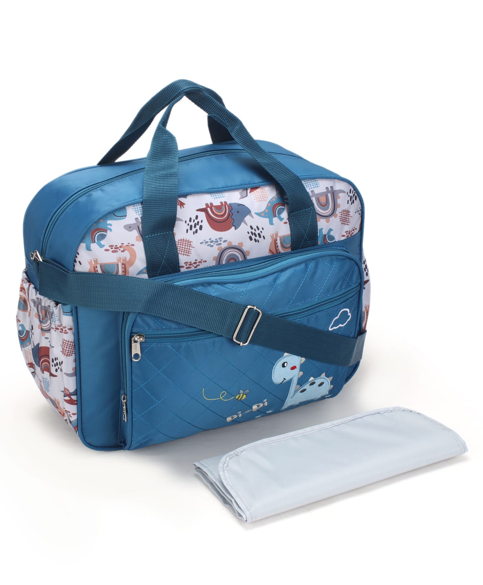 Multipurpose Diaper Tote Cum Sling Bag with Foldable Changing Mat - Blue| Multiple Bottle Holders| Dino Print| Adjustable Shoulder Strap| Water Resistant| Carry Handle-image-0