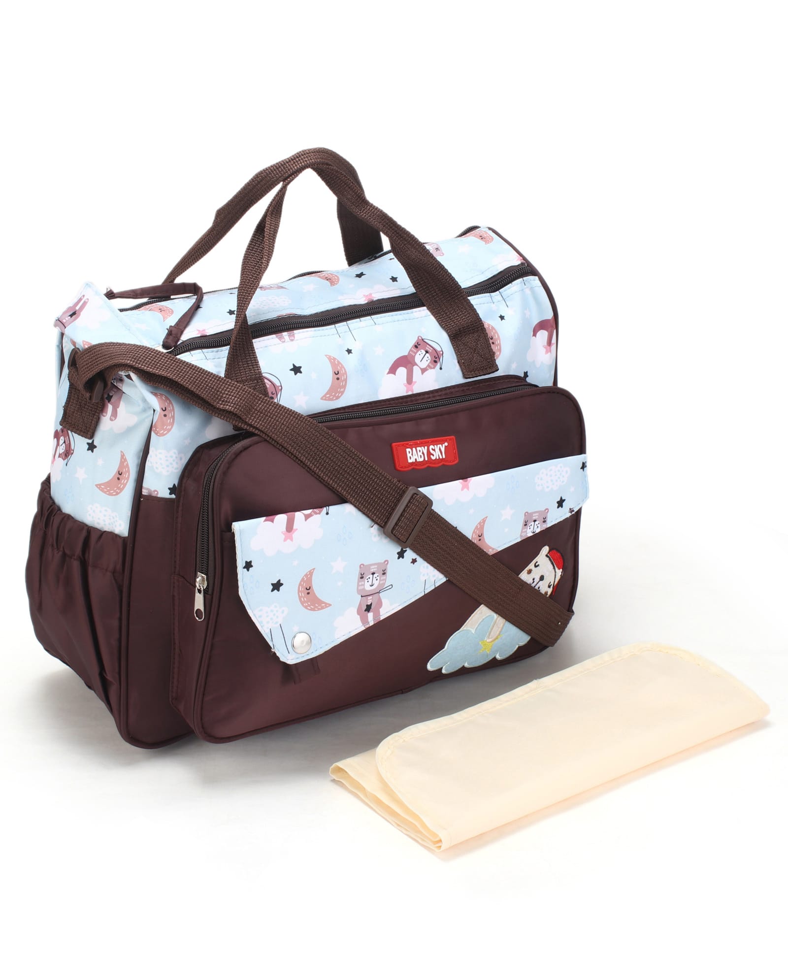 fab n funky Multipurpose Diaper Tote Cum Sling Bag with Foldable Changing Mat - Brown| Multiple Bottle Holders| Dream Bear Print| Adjustable Shoulder Strap| Water Resistant| Carry Handle-picture-26