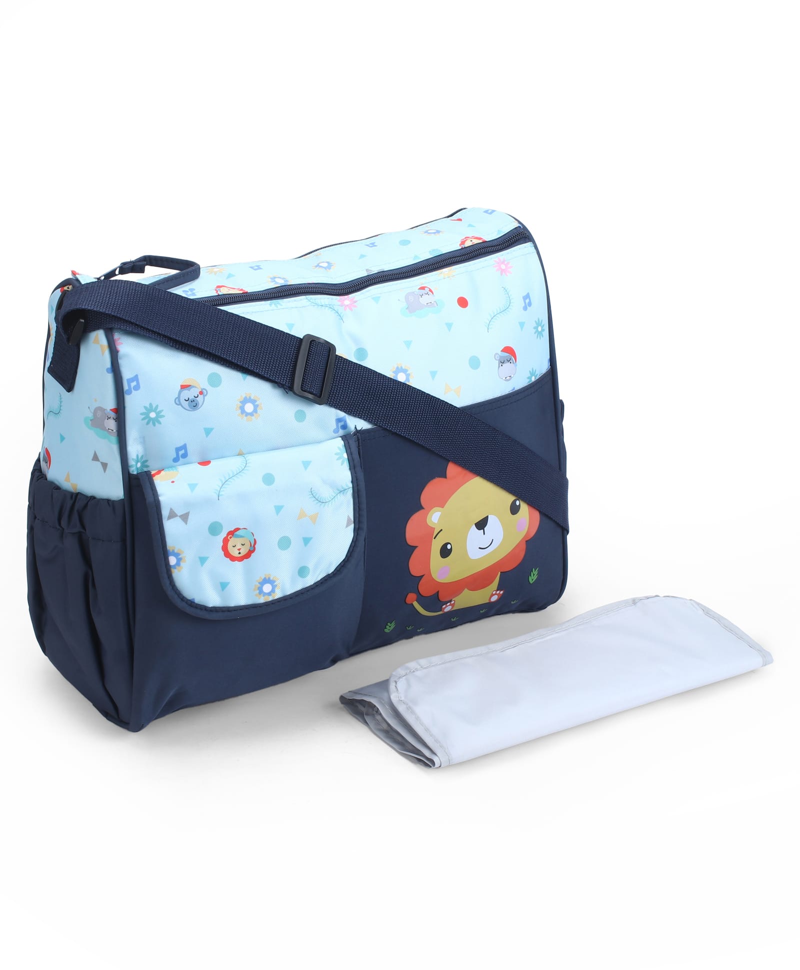 Multipurpose Diaper Tote Cum Sling Bag with Foldable Changing Mat - Blue| Multiple Bottle Holders| Lion Print| Adjustable Shoulder Strap| Water Resistant| Carry Handle-image-9