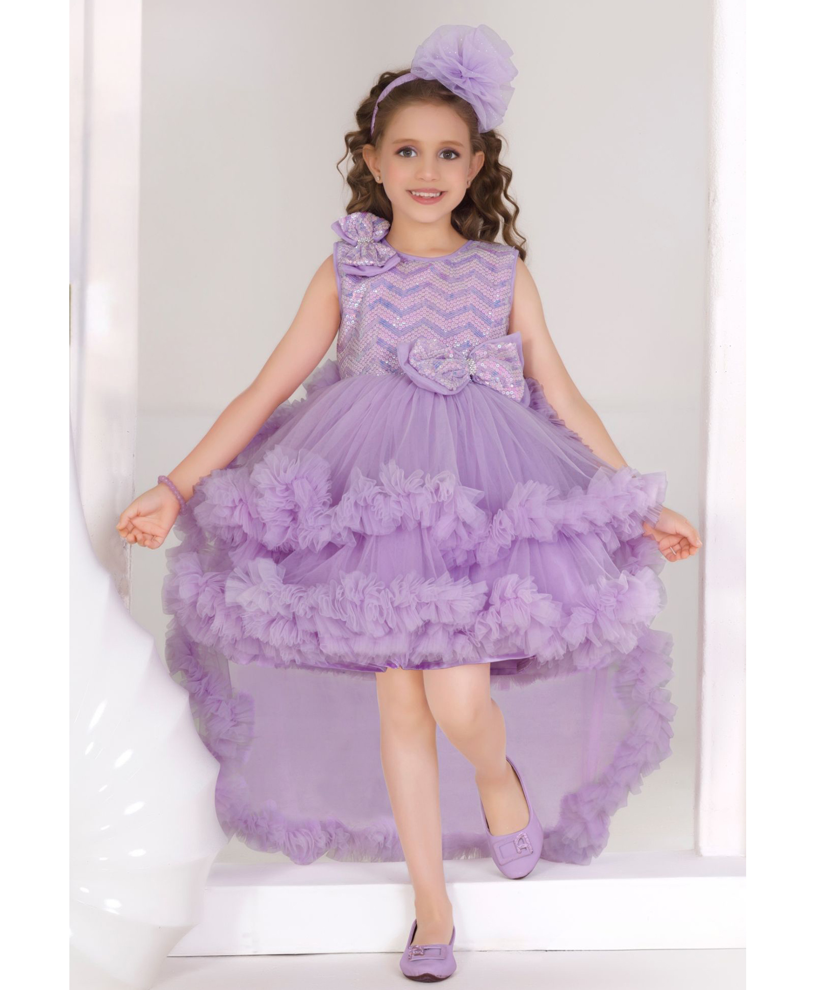 Lagorii Net Woven Sleeveless Bow Applique & Ruffle Detailed Sequins Embellished High Low Dress - Lavender-image-45