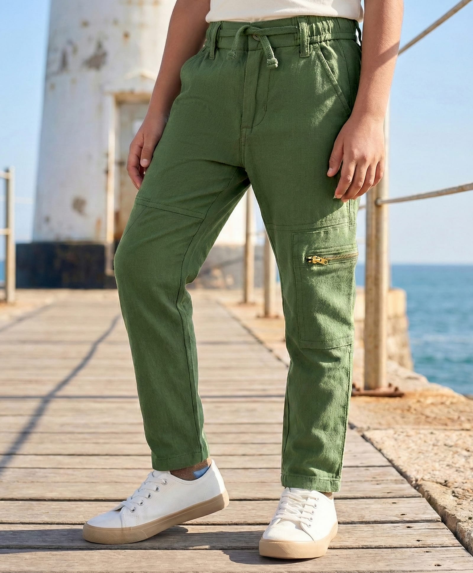 Pine Kids Cotton Elastane Woven Full Length Solid Colour Trouser Pant - Olive Green-picture-24