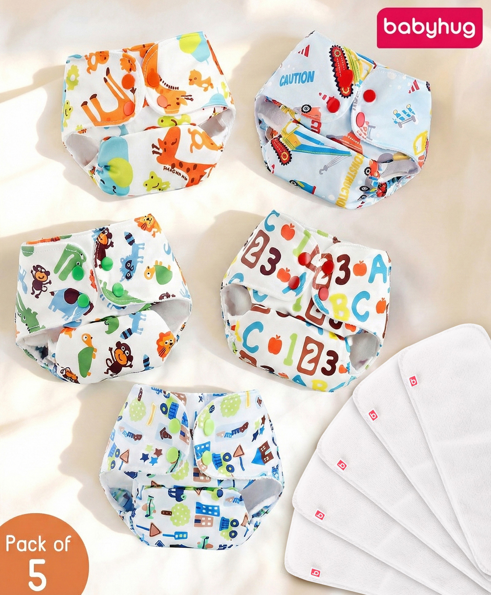 Babyhug Printed Reusable Cloth Diaper with Inserts Pack of 5 Free Size - Multicolour| Washable & Eco-friendly| Adjust to Suit Waist Size|Easy Snap Buttons|Soft & Skin Friendly| High Absorbency Inserts-image-31