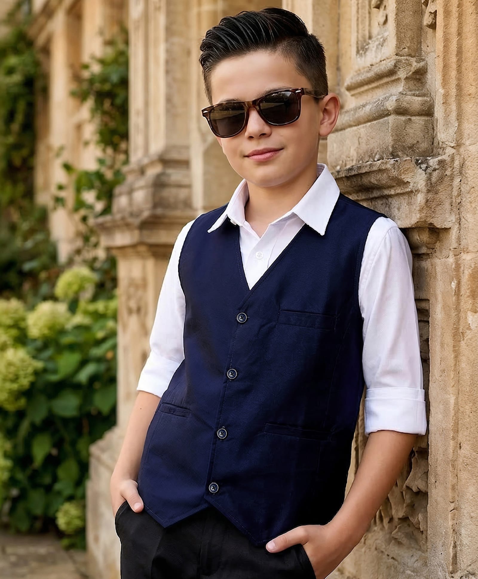 Pine Kids Cotton Woven Full Sleeves Solid Party Shirt With Waistcoat - Navy Blue-picture-23
