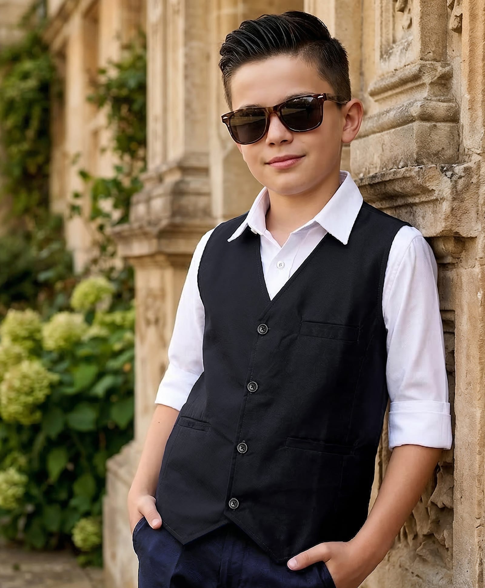 Pine Kids Cotton Woven Full Sleeves Solid Party Shirt With Waistcoat - Black-image-39