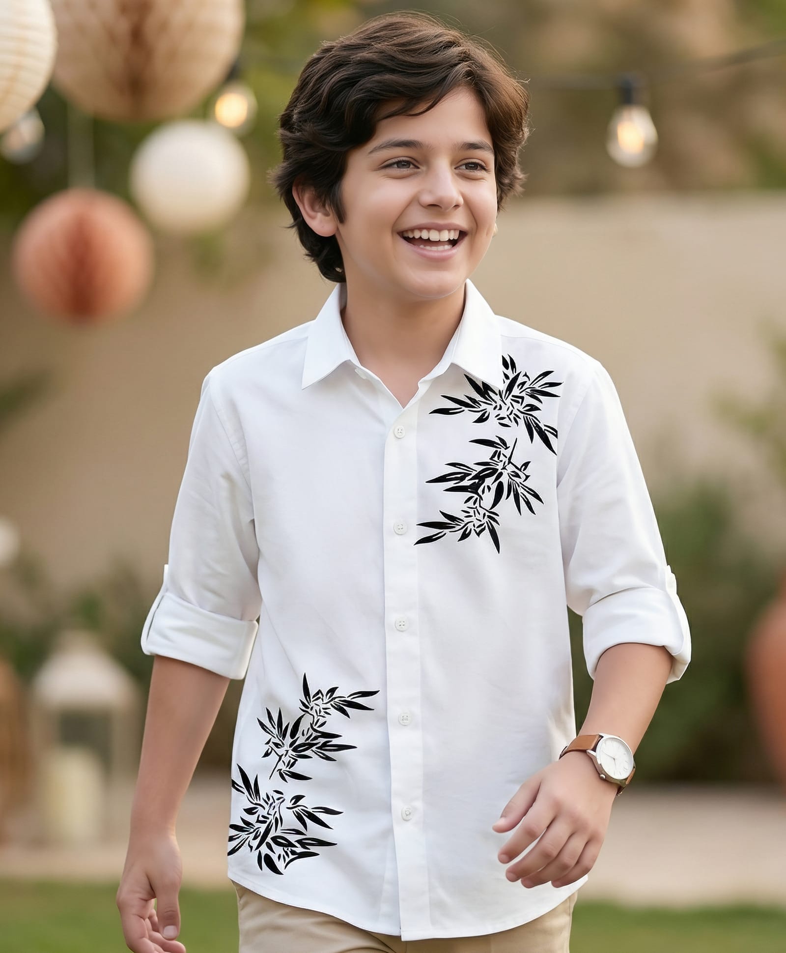 Pine Kids Cotton Woven Full Sleeves Party Shirt With Leaf Print - White-picture-27
