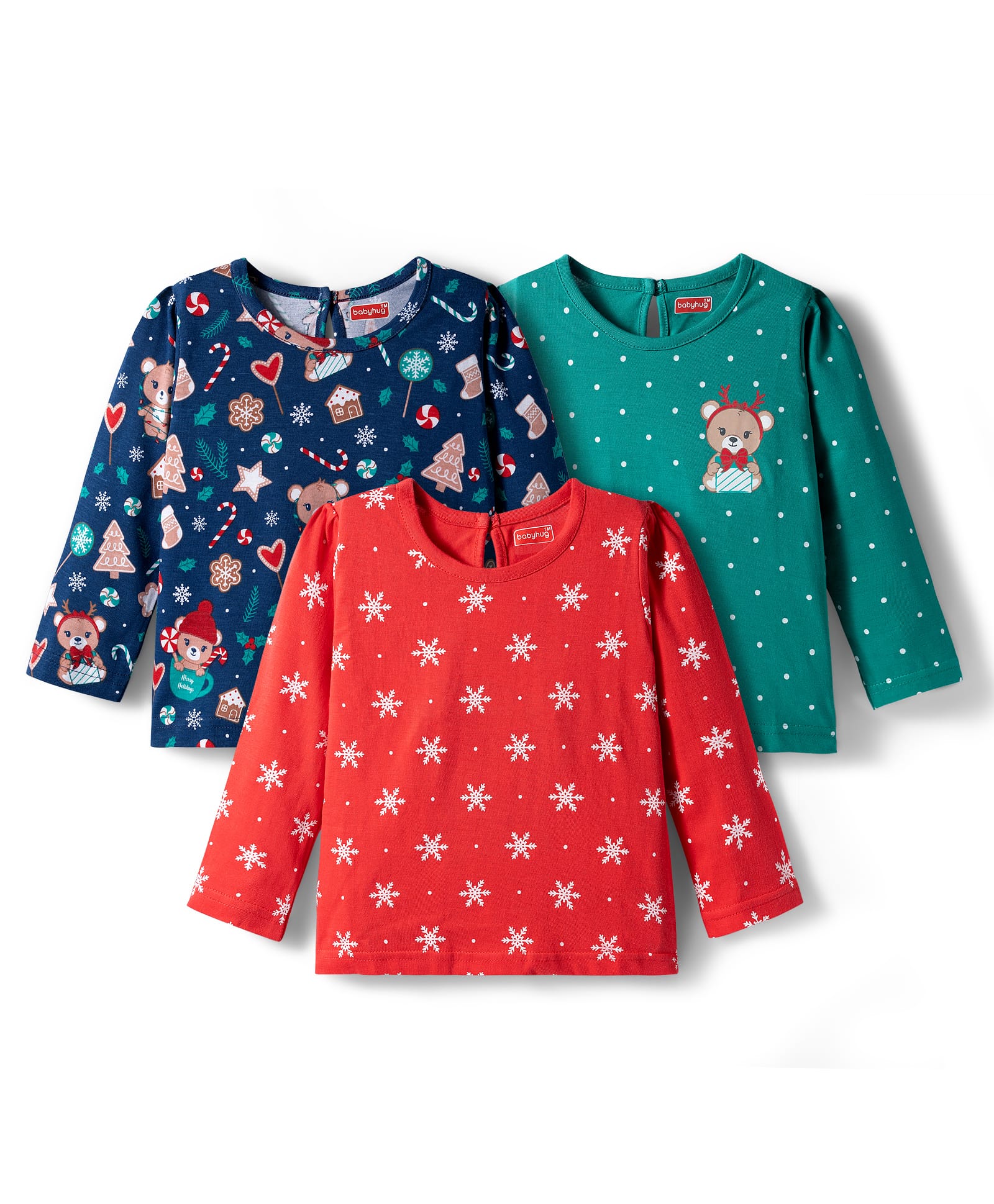 Babyhug 100% Cotton Knit Full Sleeves T-Shirts with Snowflakes & Reindeer Print Pack of 3 - Green Red & Navy Blue-picture-17