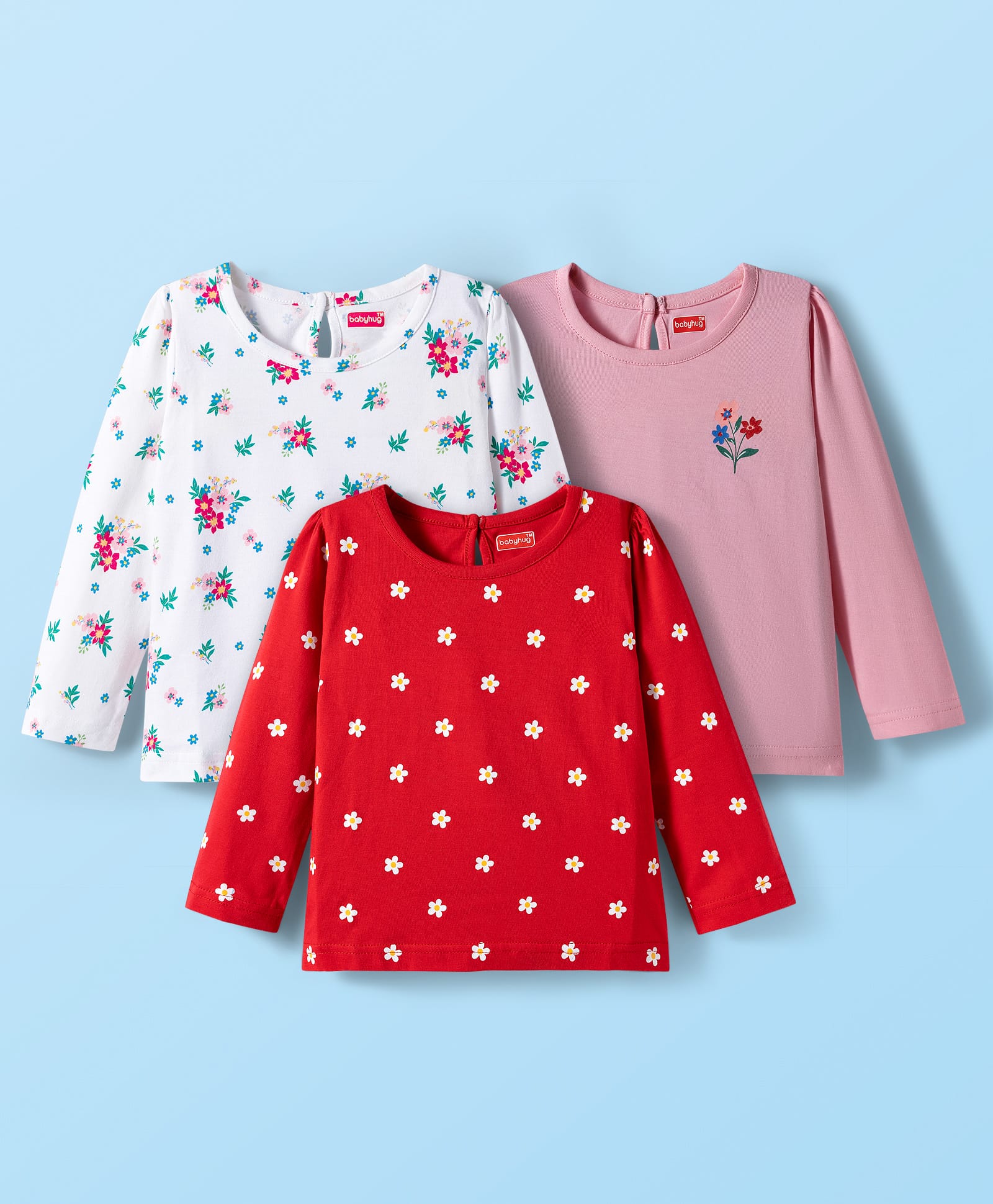 Babyhug 100% Cotton Knit Full Sleeves T-Shirts with Floral Print Pack of 3 - Red White & Pink-picture-22