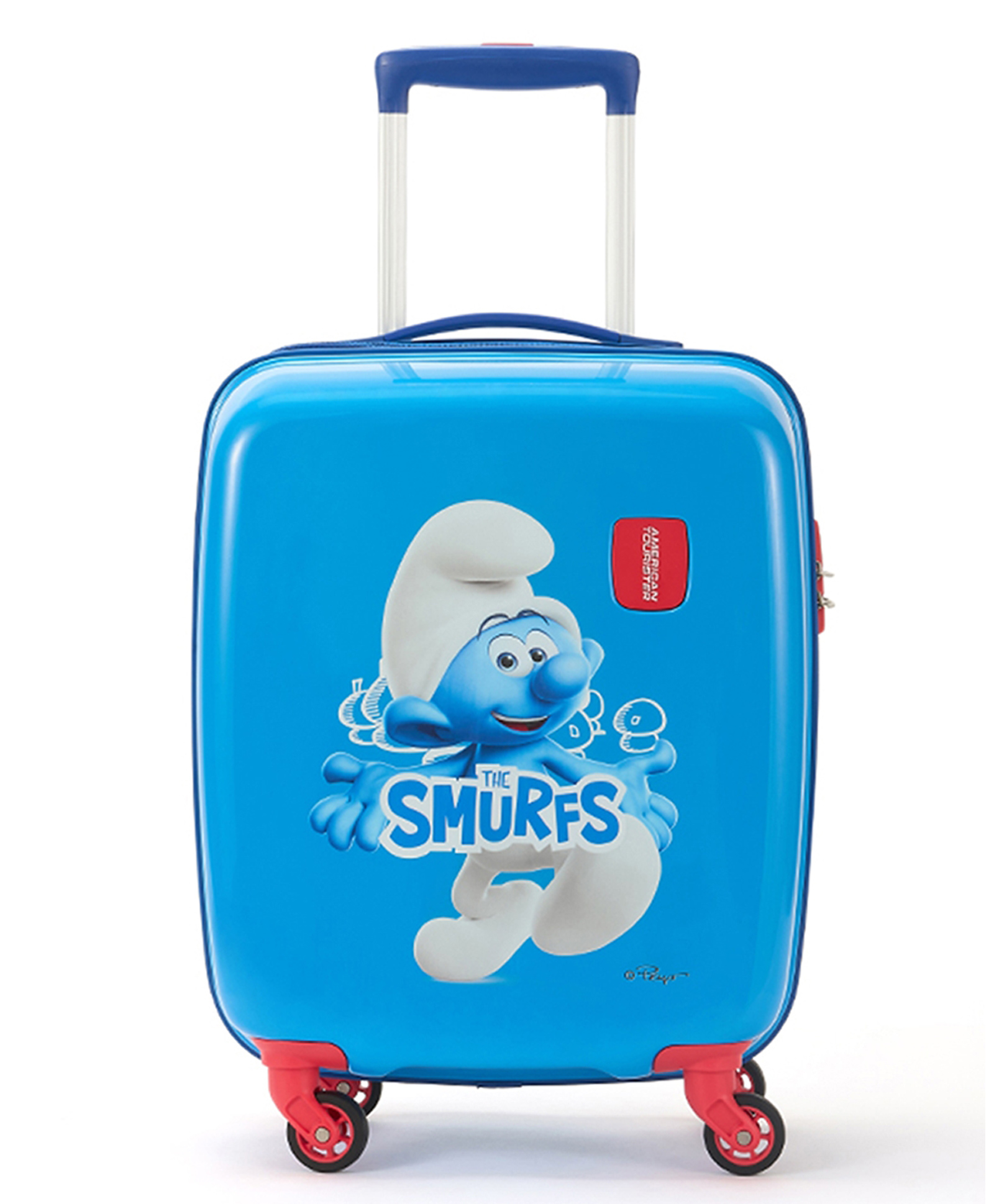 American Tourister Smurfs 53 CM Small Blue/Red Suitcase with Combination Non TSA Lock & 4 Wheels Hard-Sided PC Cabin Luggage Bag with Spinner Wheels for Travel