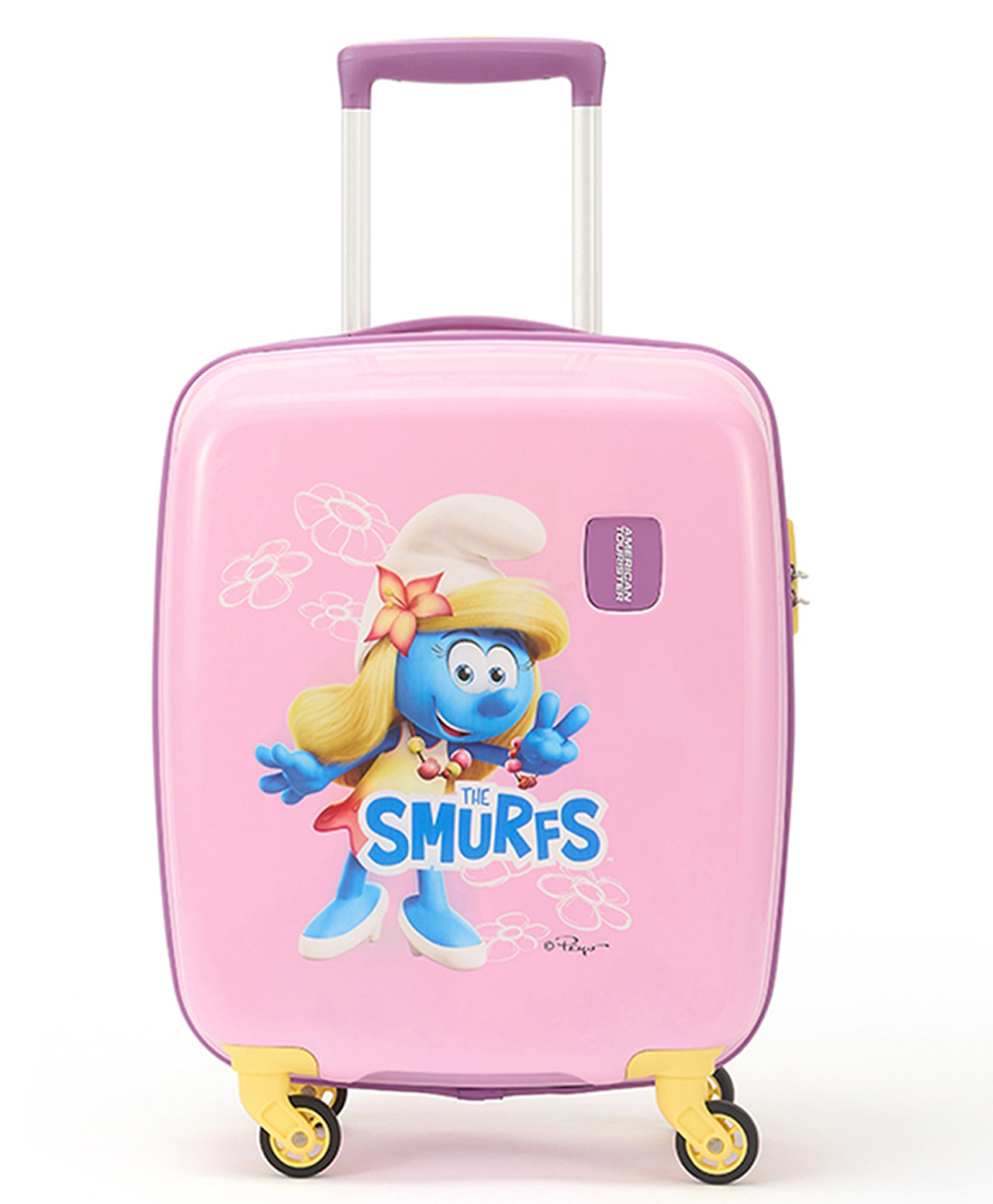 American Tourister Smurfs 53 CM Small Pink/Purple Suitcase with Combination Non TSA Lock & 4 Wheels Hard-Sided PC Cabin Luggage Bag with Spinner Wheels for Travel