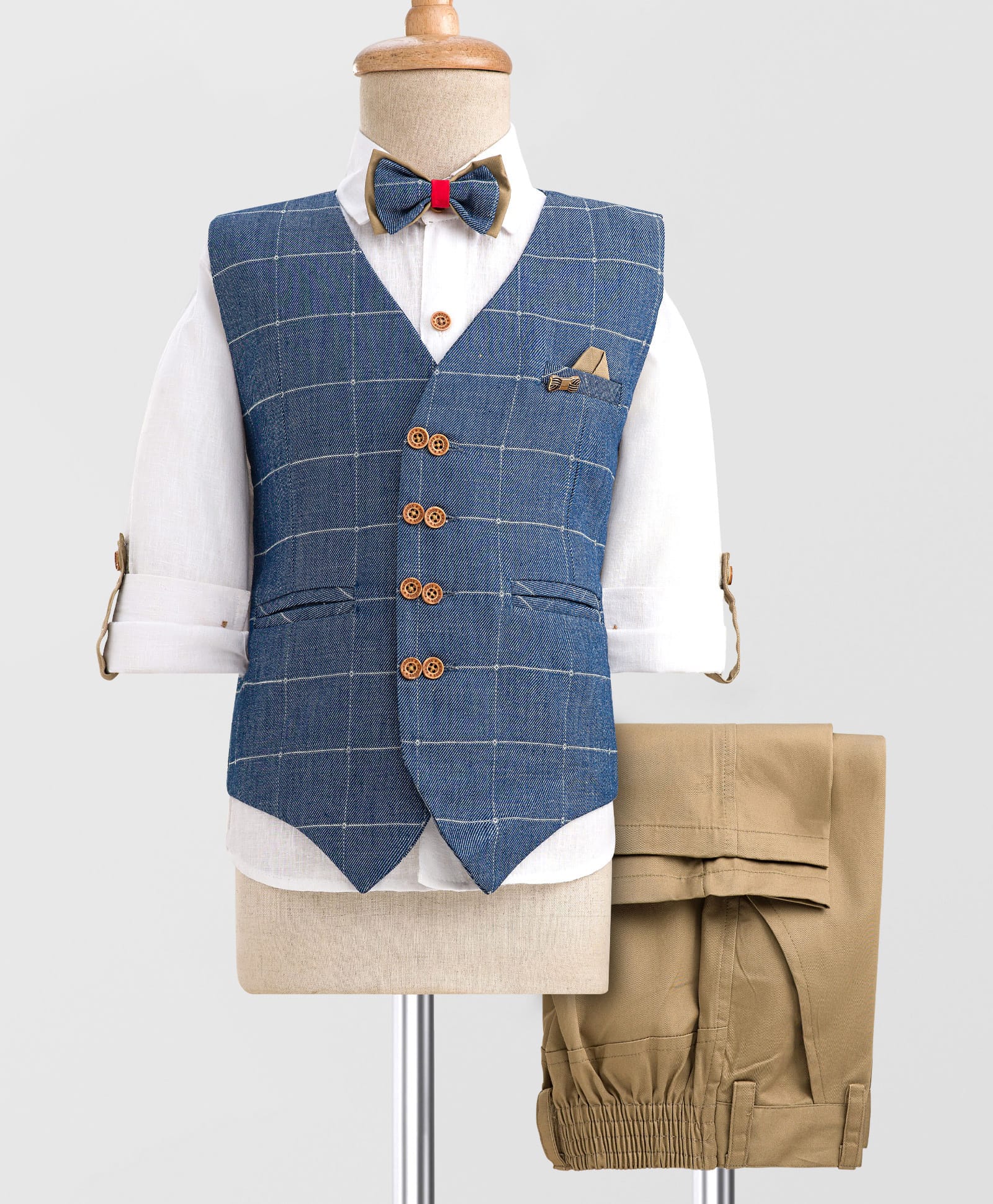 Rikidoos Full Sleeves Checked 3 Piece Party Suit Set With Bow - Blue & Khaki-picture-21