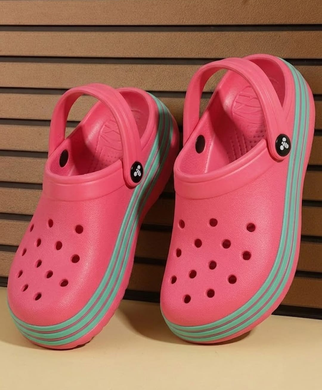 Toothless Placement Striped Perforated Slingback Clogs - Fuchsia-image-1