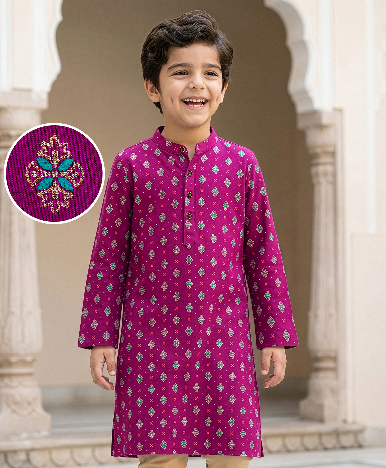 EARTHY TOUCH Single Jersey Knit Full Sleeves Kurta With Foil Floral Print - Purple-picture-19