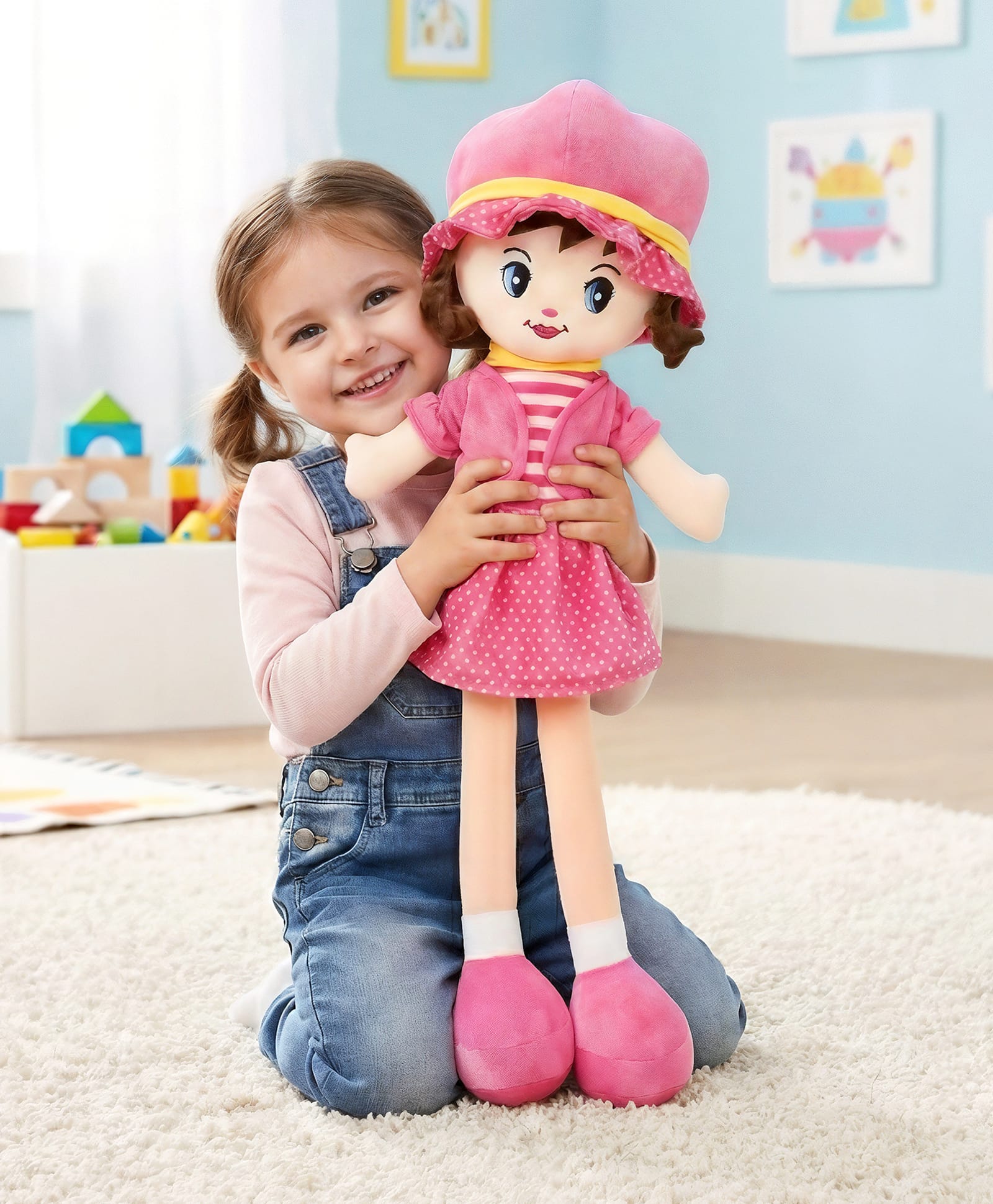 Babyhug Winky Doll with Cute Dress, Matching Hat & Stitched Shoes Height 80 cm - Pink| Ideal Snuggle Toy| Safe & Interactive| Removable Dress| Imaginative Play & Storytelling| BIS Certified