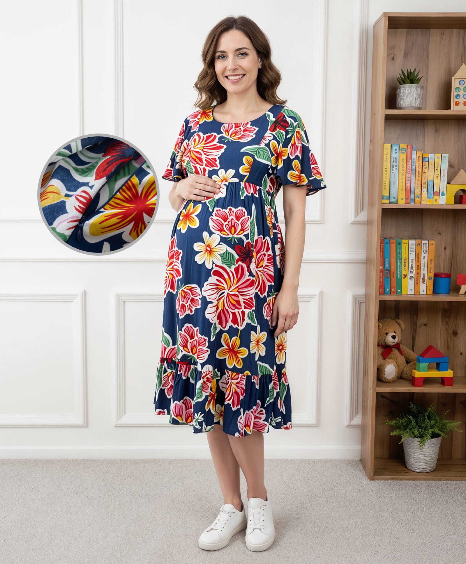 Bella Mama Woven Half Flutter Sleeves Maternity Dress With Floral Print - Navy Blue