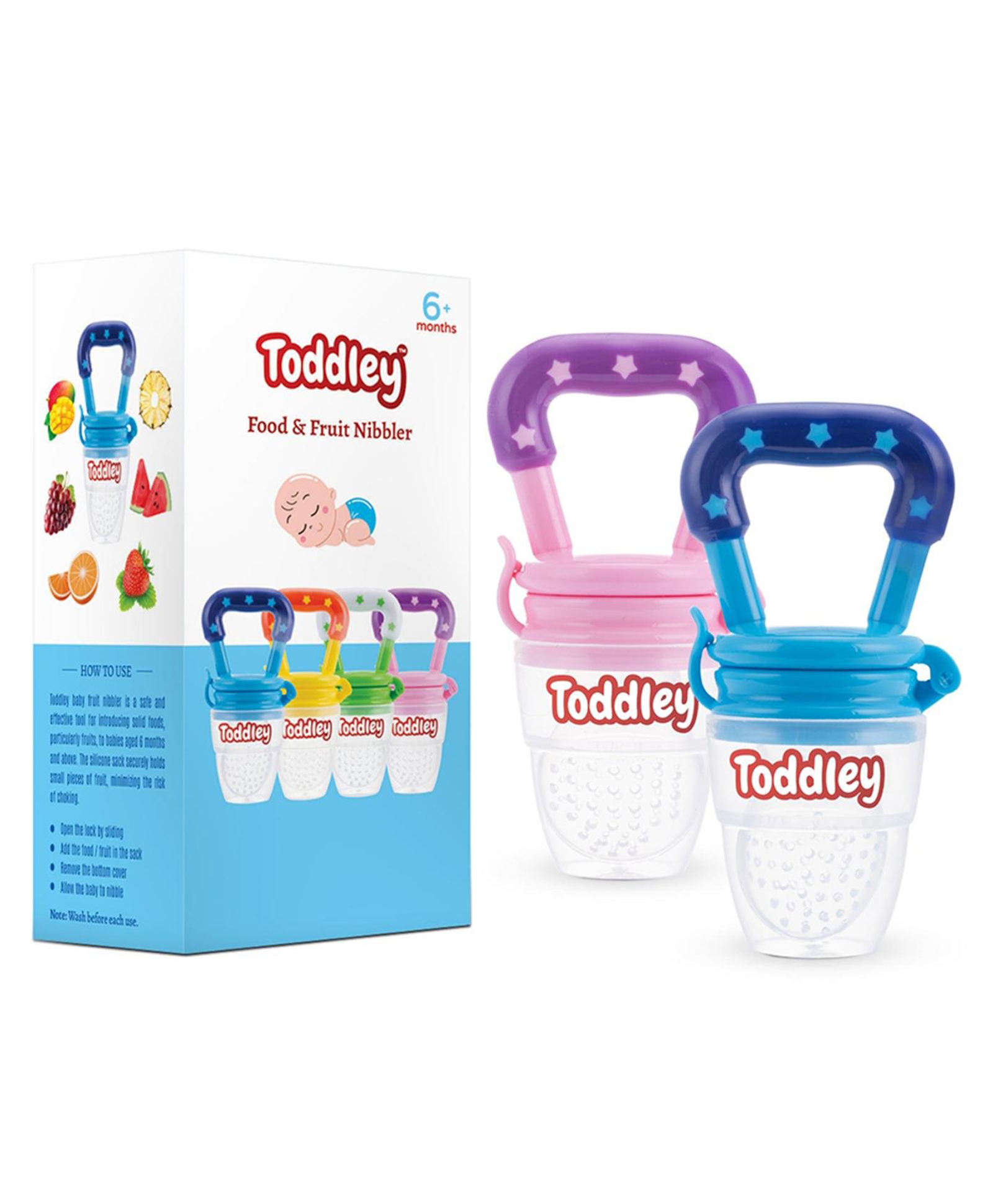 Toddley Silicone Baby Food and Fruit Feeder Combo Pack, Soft Pacifier Feeder, Teether for Infant Baby for 6+ Month Pack of 2 (Blue and Pink)-image-33