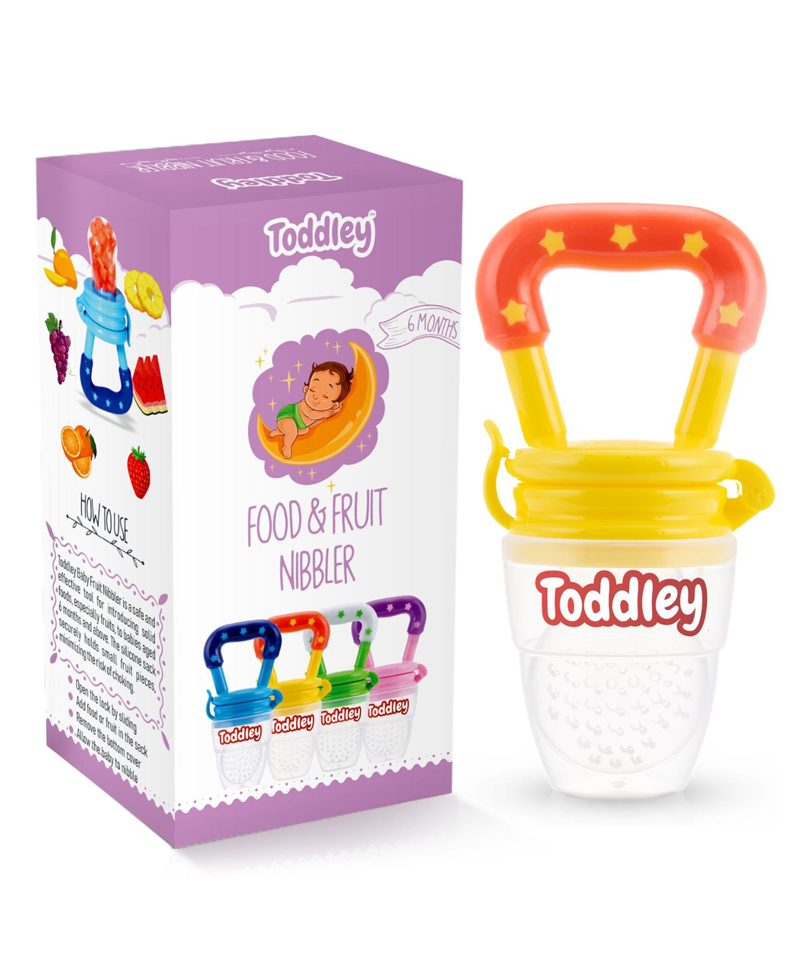 Toddley Silicone Food/Fruit Nibbler, Pacifier, Feeder, Teether for Infant Baby | Quick & Easy to Fill Soft Silicone | BPA Free, Small & Light, Leak-Proof Seal with Safety Lock (Yellow)-image-48