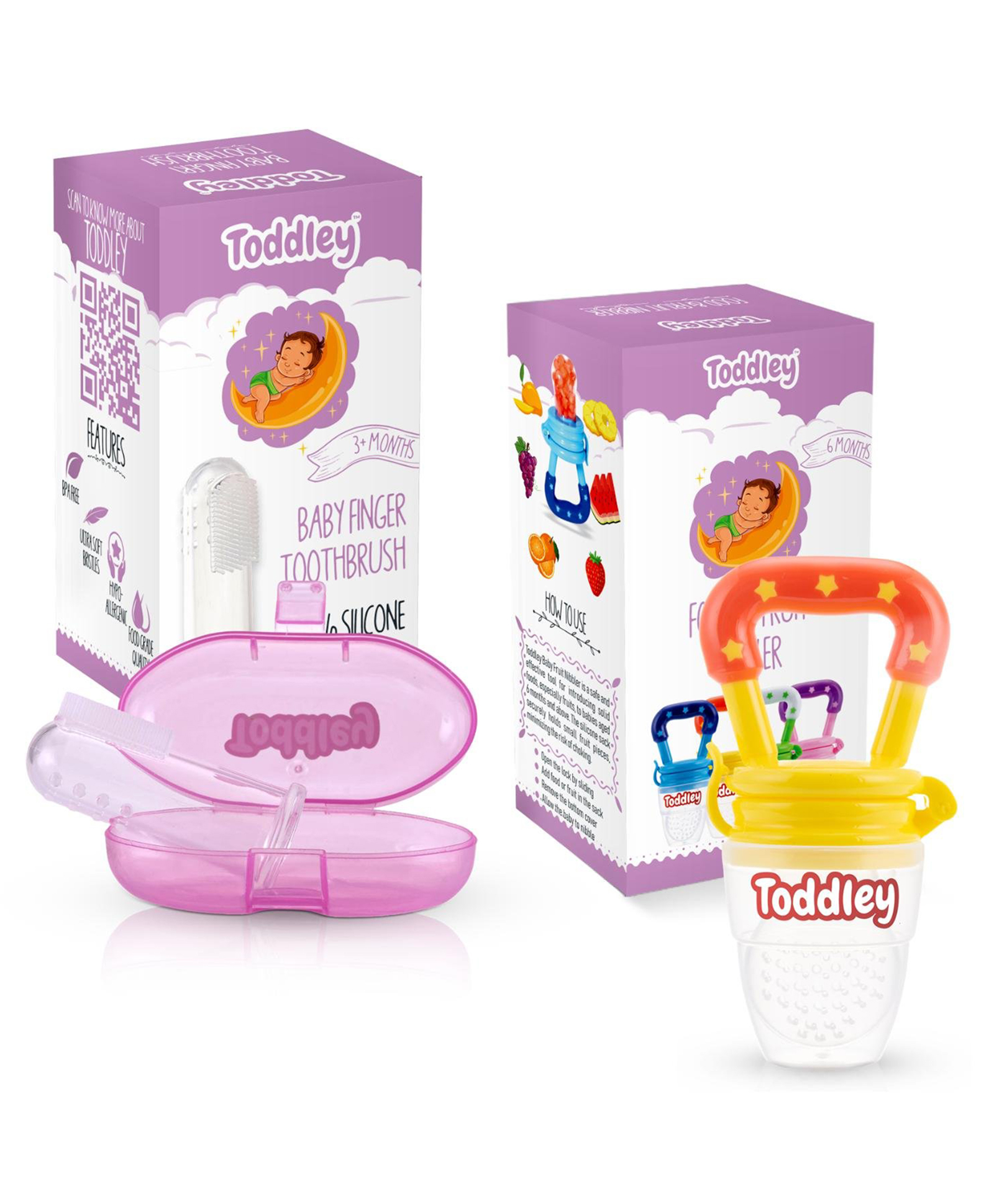 Toddley Silicone Food & Fruit Nibbler Pacifier with Finger Brush for Infant Baby for 6+ Month Baby (Combo Set) (Yellow)-image-11