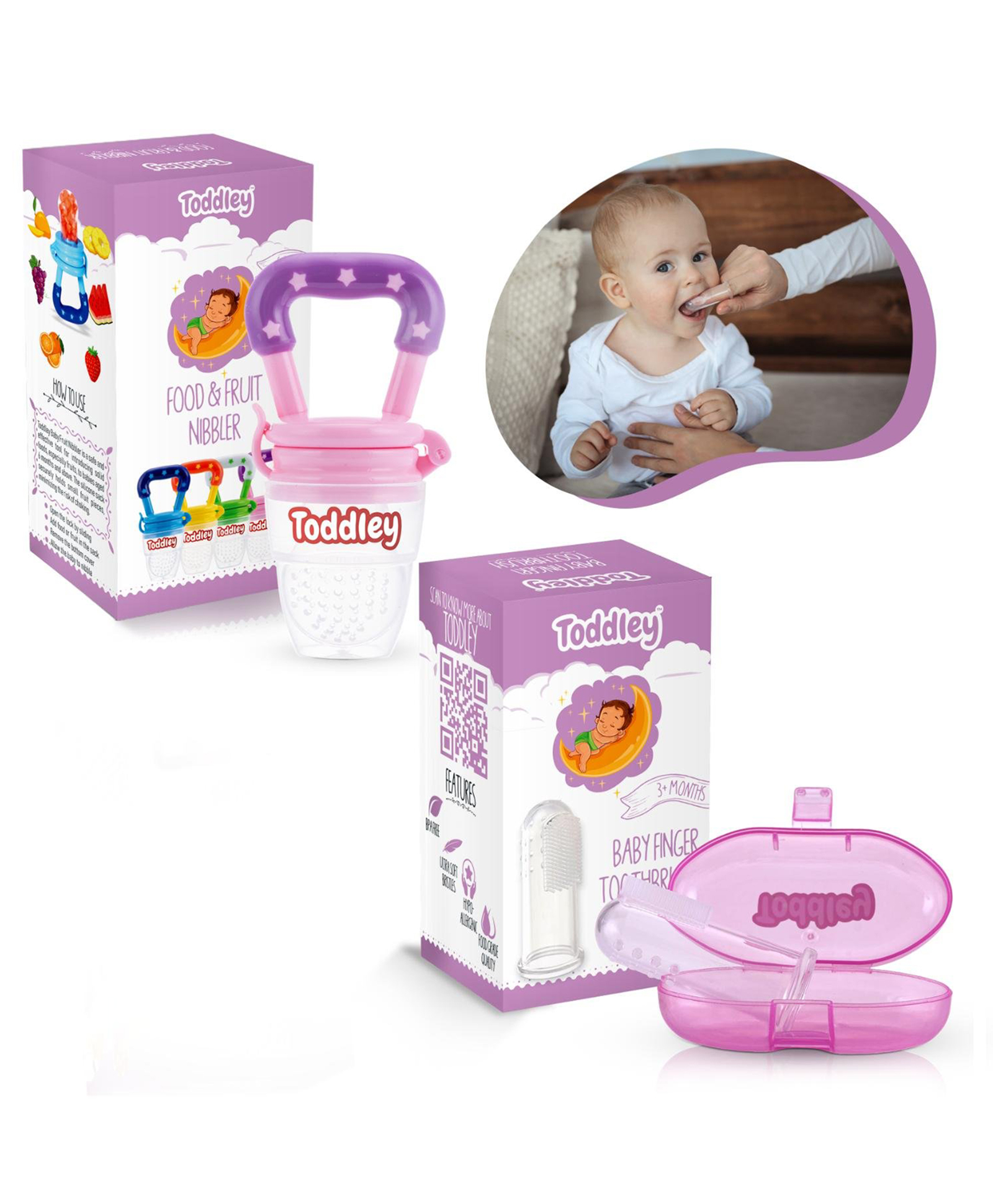 Toddley Silicone Food & Fruit Nibbler Pacifier 1 Pcs with 1pcs Finger Brush for Infant Baby for 6+ Month Baby (2 Piece Combo Set) (Pink)-image-22