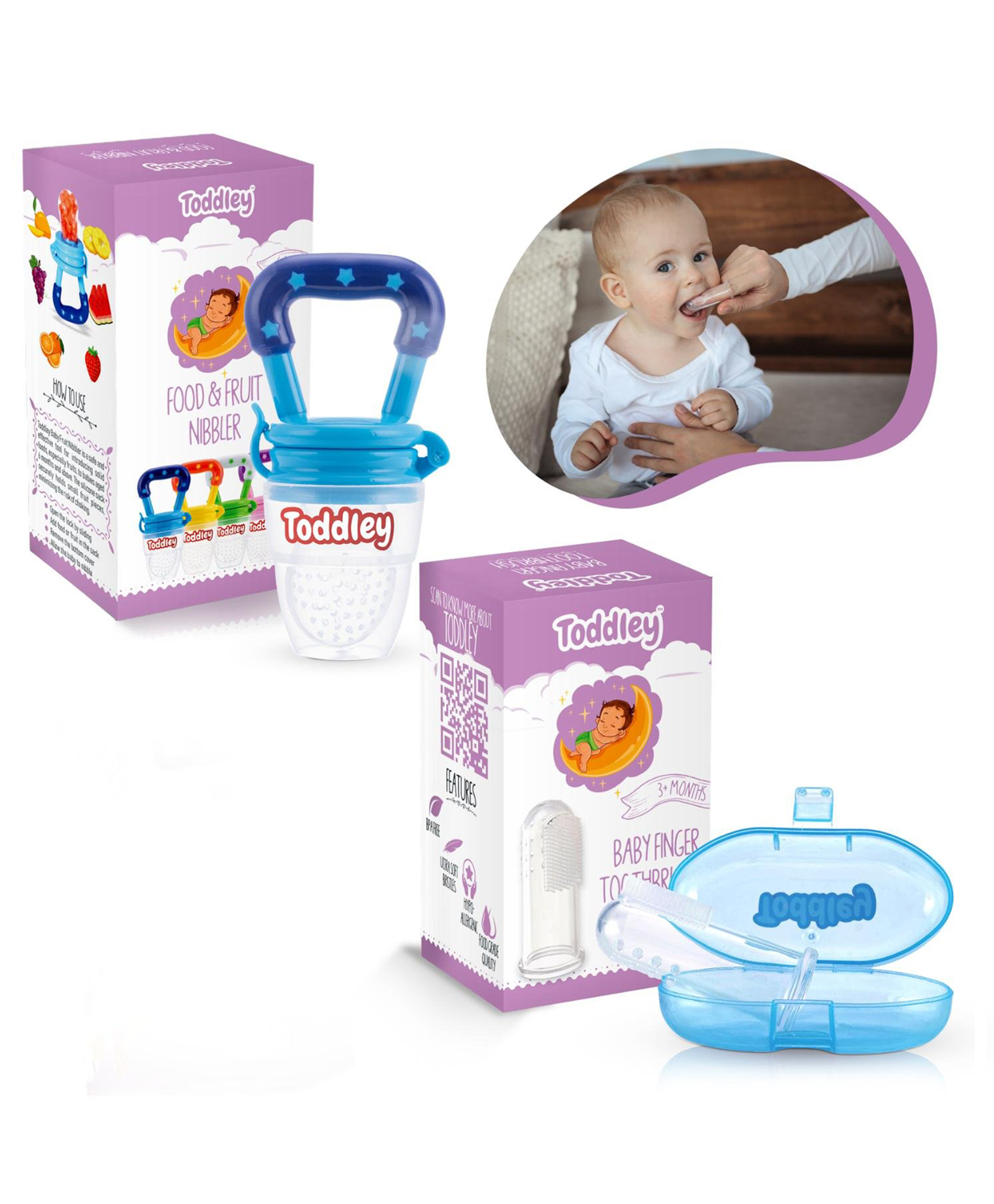 Toddley Silicone Food & Fruit Nibbler Pacifier 1 Pcs with 1pcs Finger Brush for Infant Baby for 6+ Month Baby (2 Piece Combo Set) (Blue)-image-39