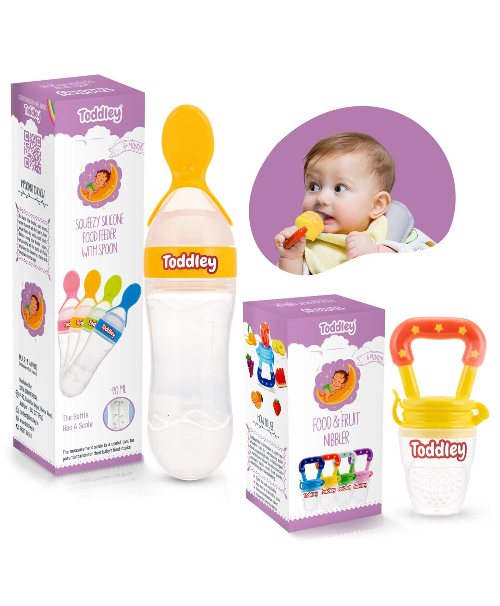 Toddley Silicone Food & Fruit Nibbler Pacifier 1 Pc with 1 Pc Spoon Feeder for Infant Baby (6+ Month Baby) (2 Piece Combo Set) (Yellow)-image-46