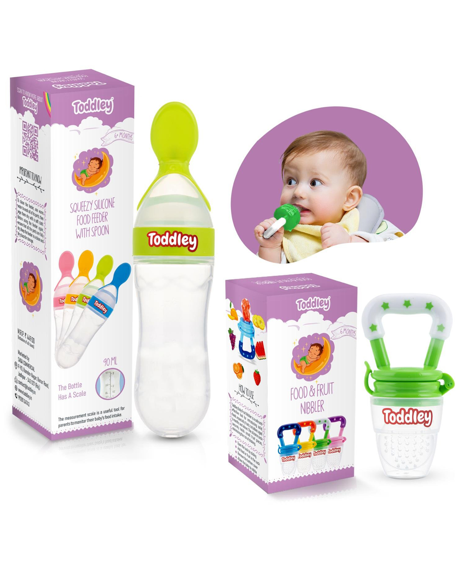 Toddley Silicone Food & Fruit Nibbler Pacifier 1 Pcs with 1 pcs Spoon Feeder for Infant Baby for 6+ Month Baby (2 Piece Combo Set) (Green)-image-2