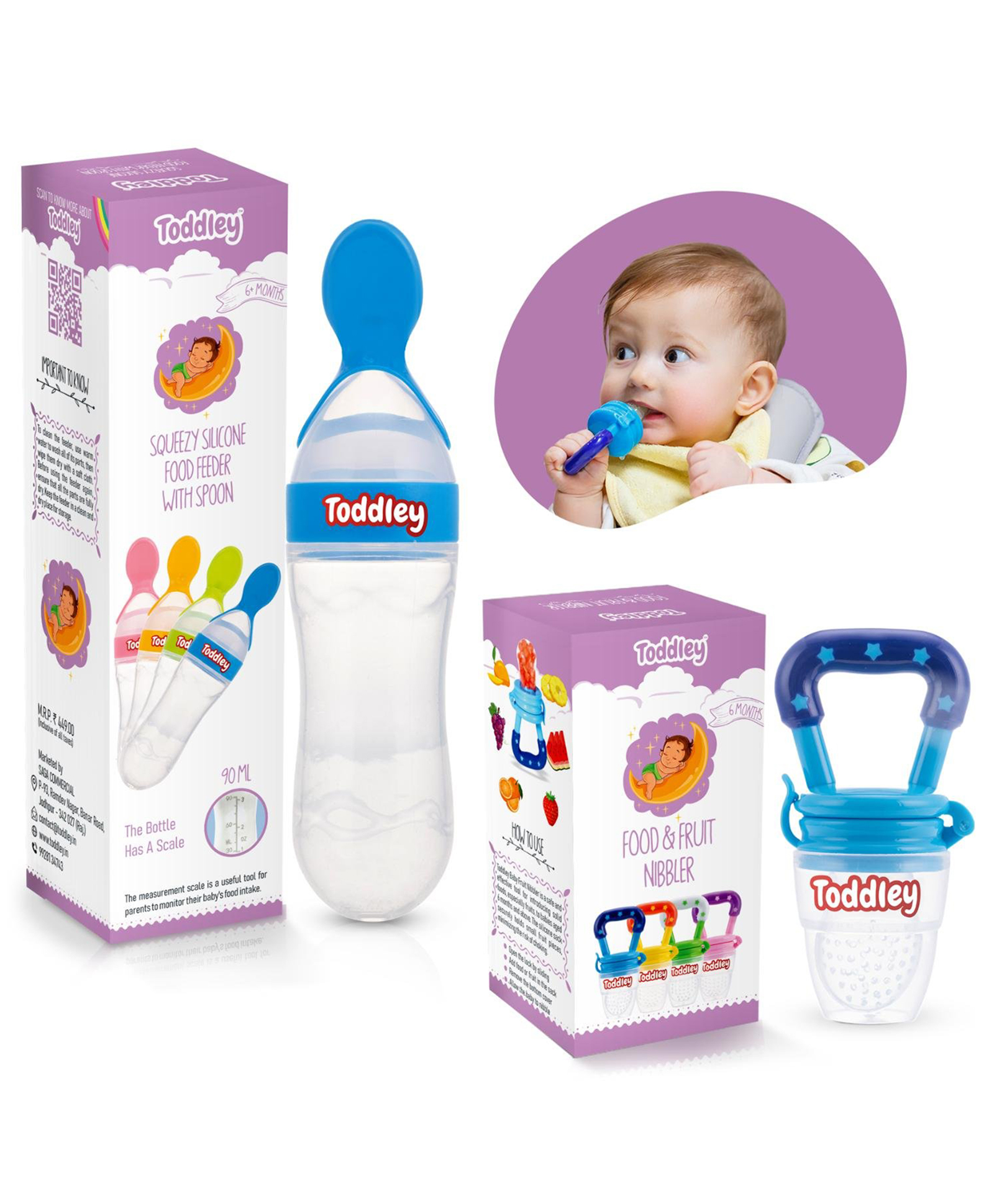 Toddley Silicone Food & Fruit Nibbler Pacifier 1 Pcs with 1 pcs Spoon Feeder for Infant Baby for 6+ Month Baby (2 Piece Combo Set) (Blue)-image-45