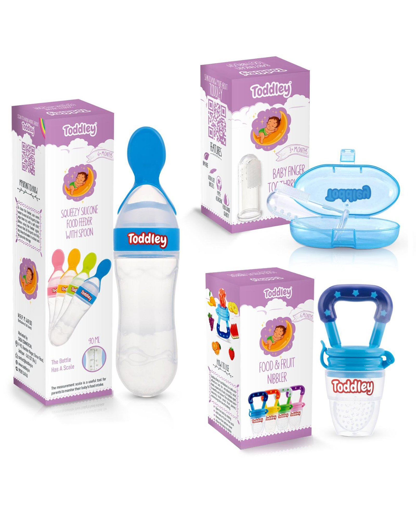 Toddley Silicone Food & Fruit Nibbler Pacifier 1 Pcs with 1 pcs Spoon Feeder and 1pcs Finger Brush for Infant Baby for 6+ Month Baby (3 Piece Combo Set) (Blue)-image-46