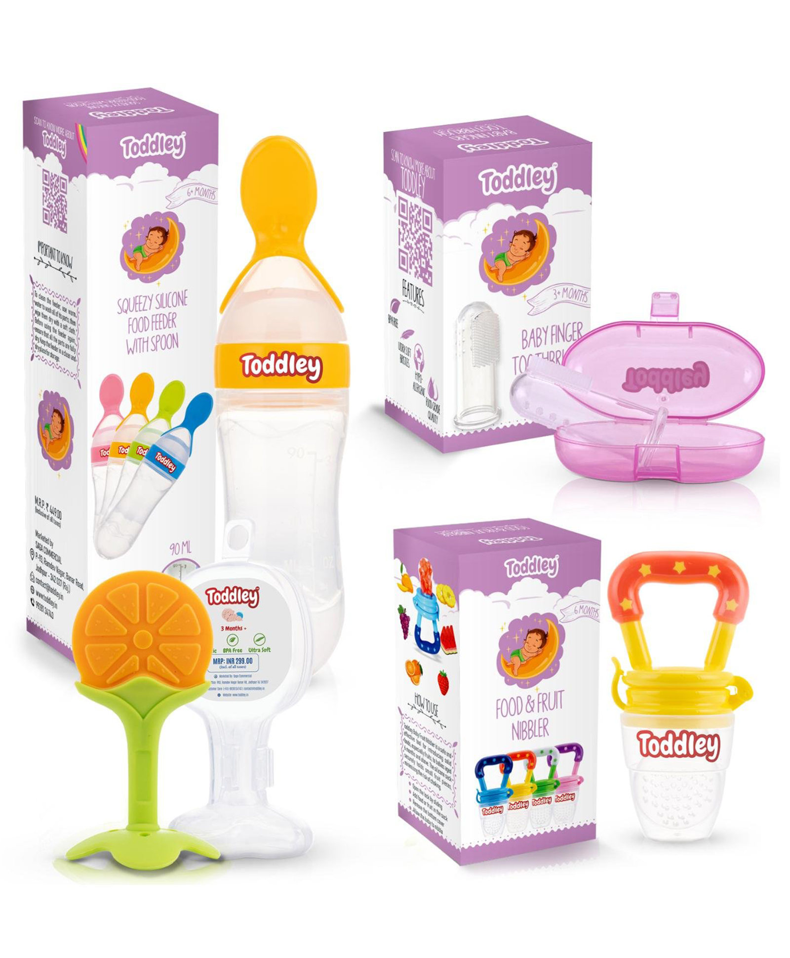 Toddley Silicone Food & Fruit Nibbler Pacifier 1 Pcs with 1 pcs Spoon Feeder and 1pcs Fruit Teether, 1pcs Finger Brush for Infant Baby for 6+ Month Baby (4 Piece Combo Set) (Yellow)-image-48